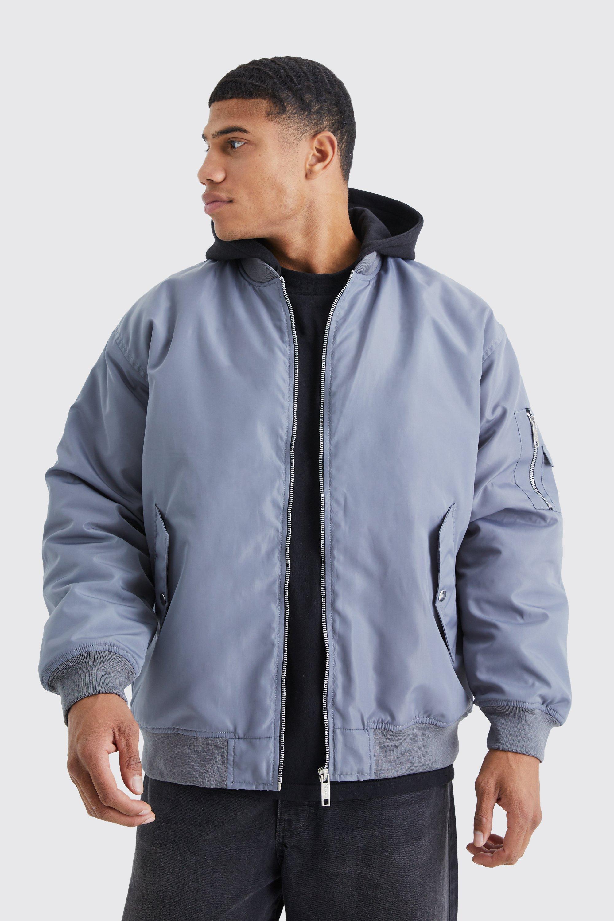 Mens Grey Oversized Ma1 Bomber With Jersey Hood, Grey