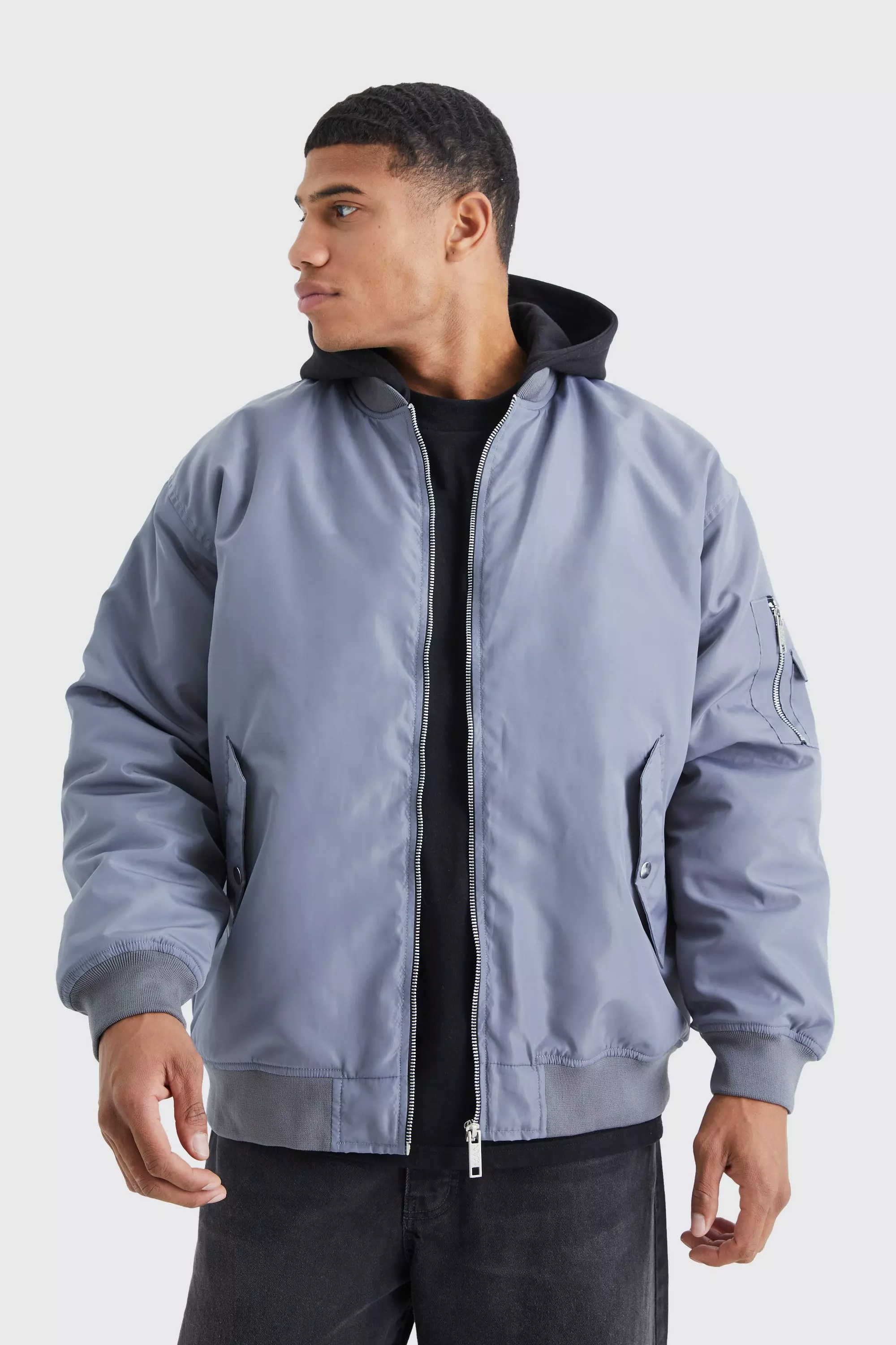 Oversized Ma1 Bomber With Jersey Hood | boohooMAN USA