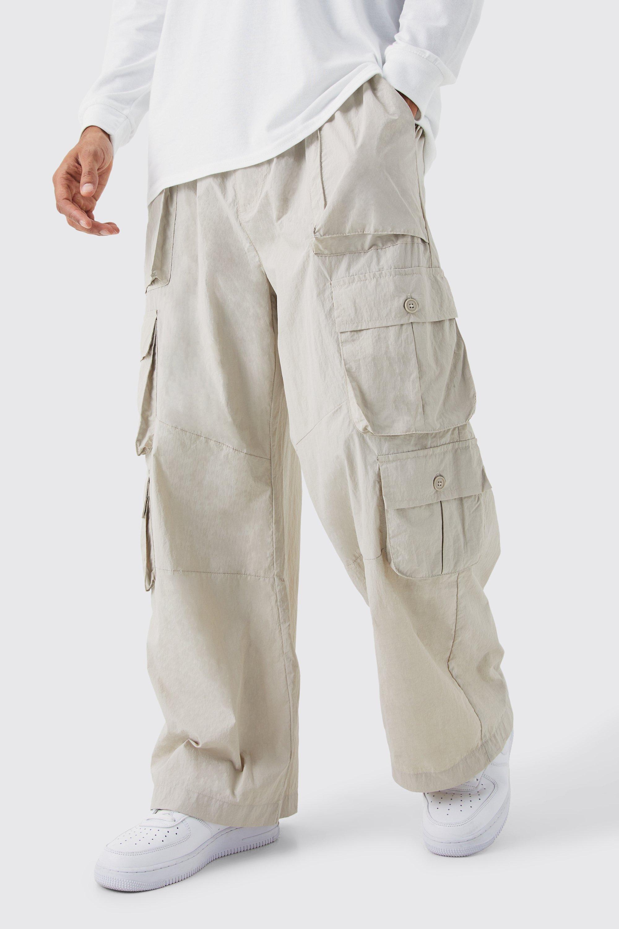 Mens Beige Parachute Multi Cargo Pocket Trouser, Beige