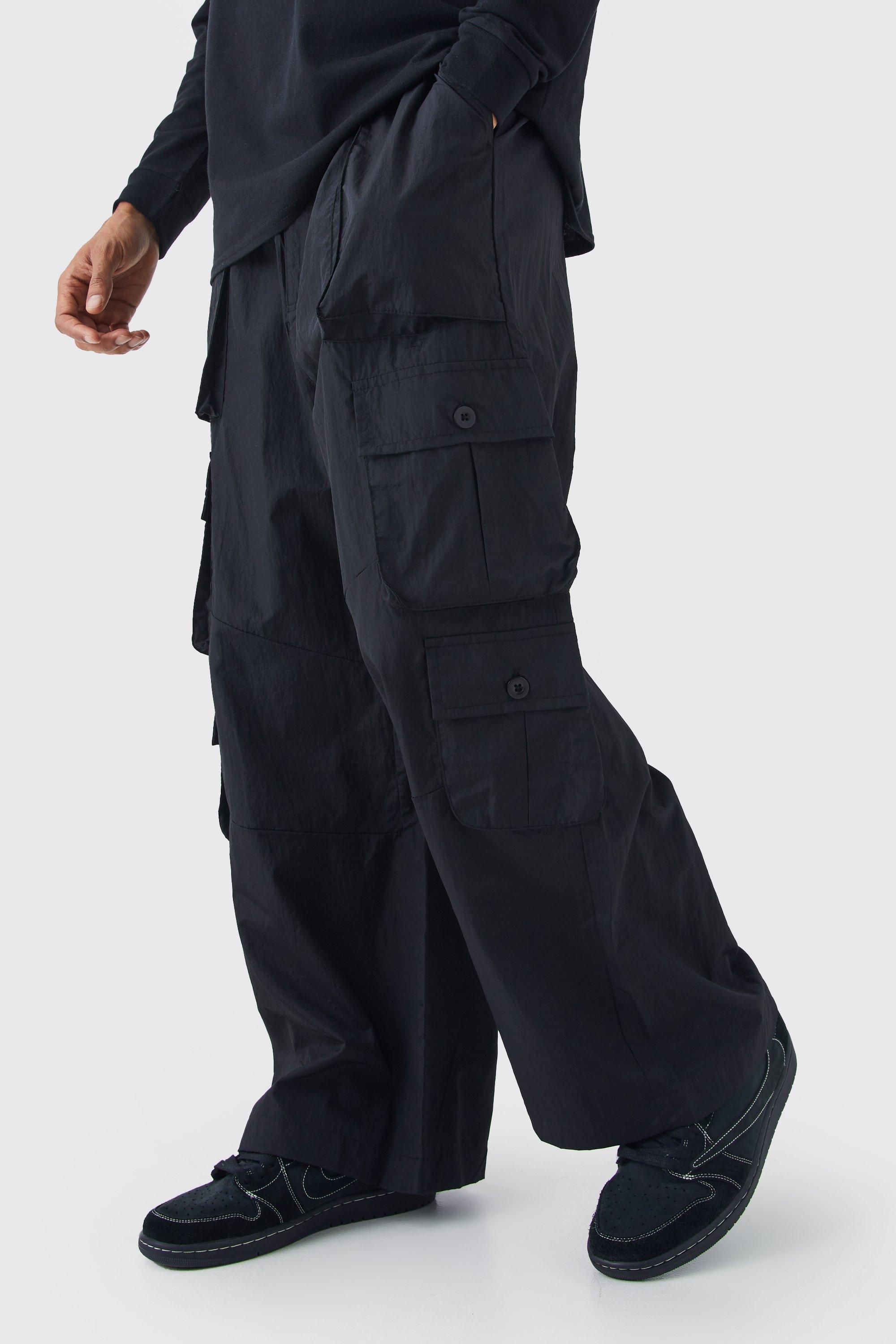 Mens Black Parachute Multi Cargo Pocket Trouser, Black