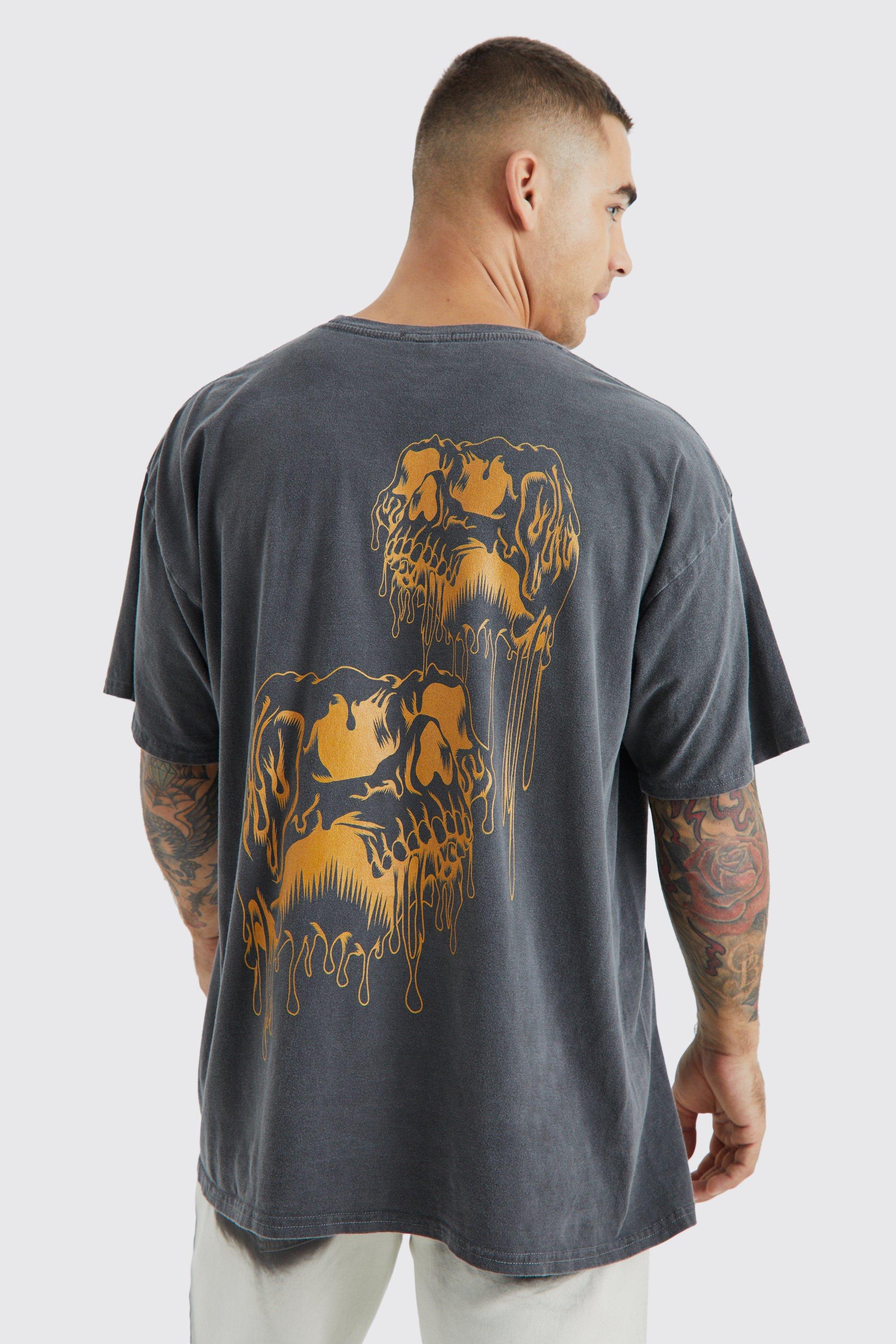 Mens Grey Oversized Skull Drip Wash Graphic T-shirt, Grey