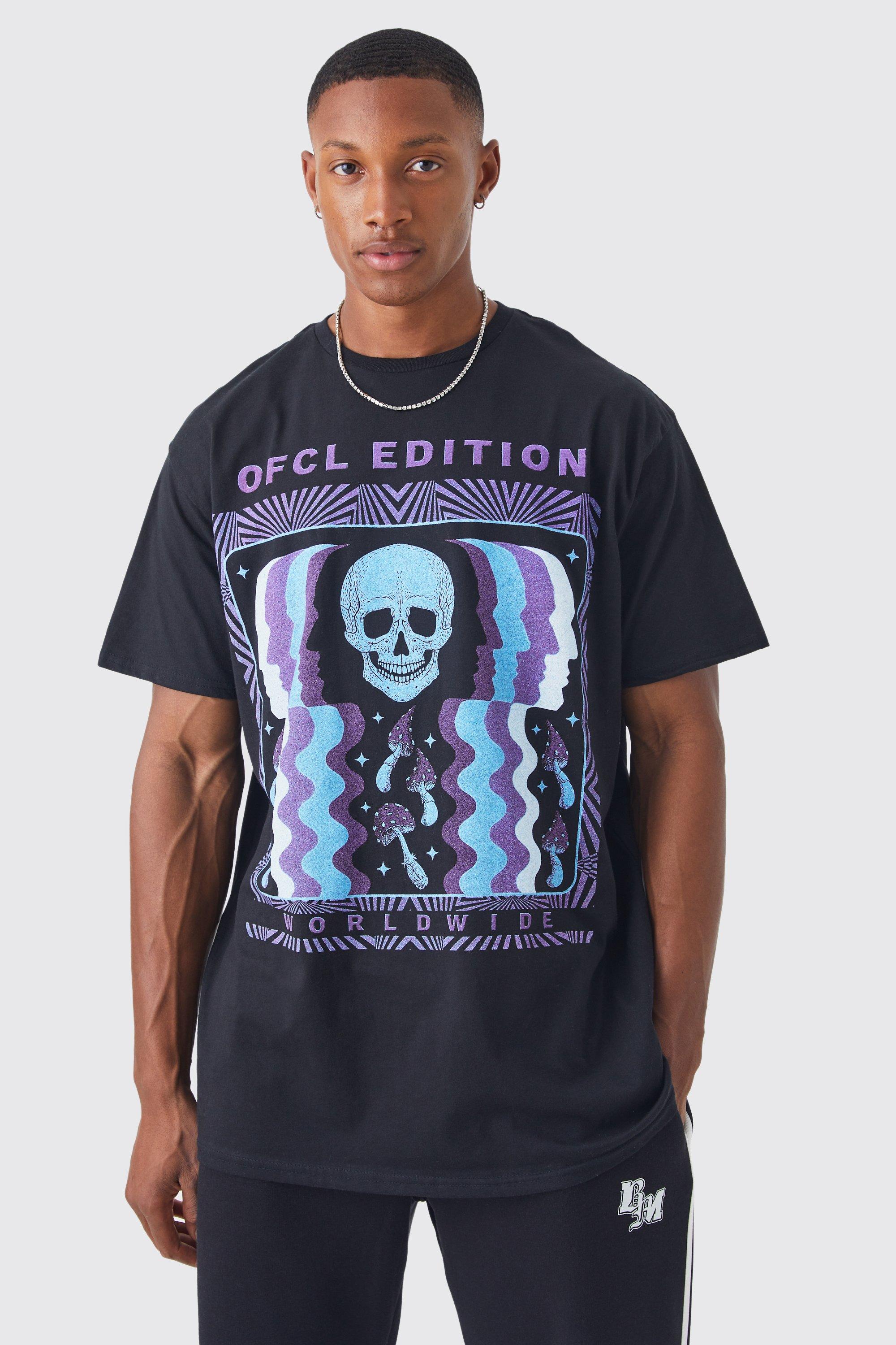 Mens Black Oversized Offcl Skull Graphic T-shirt, Black