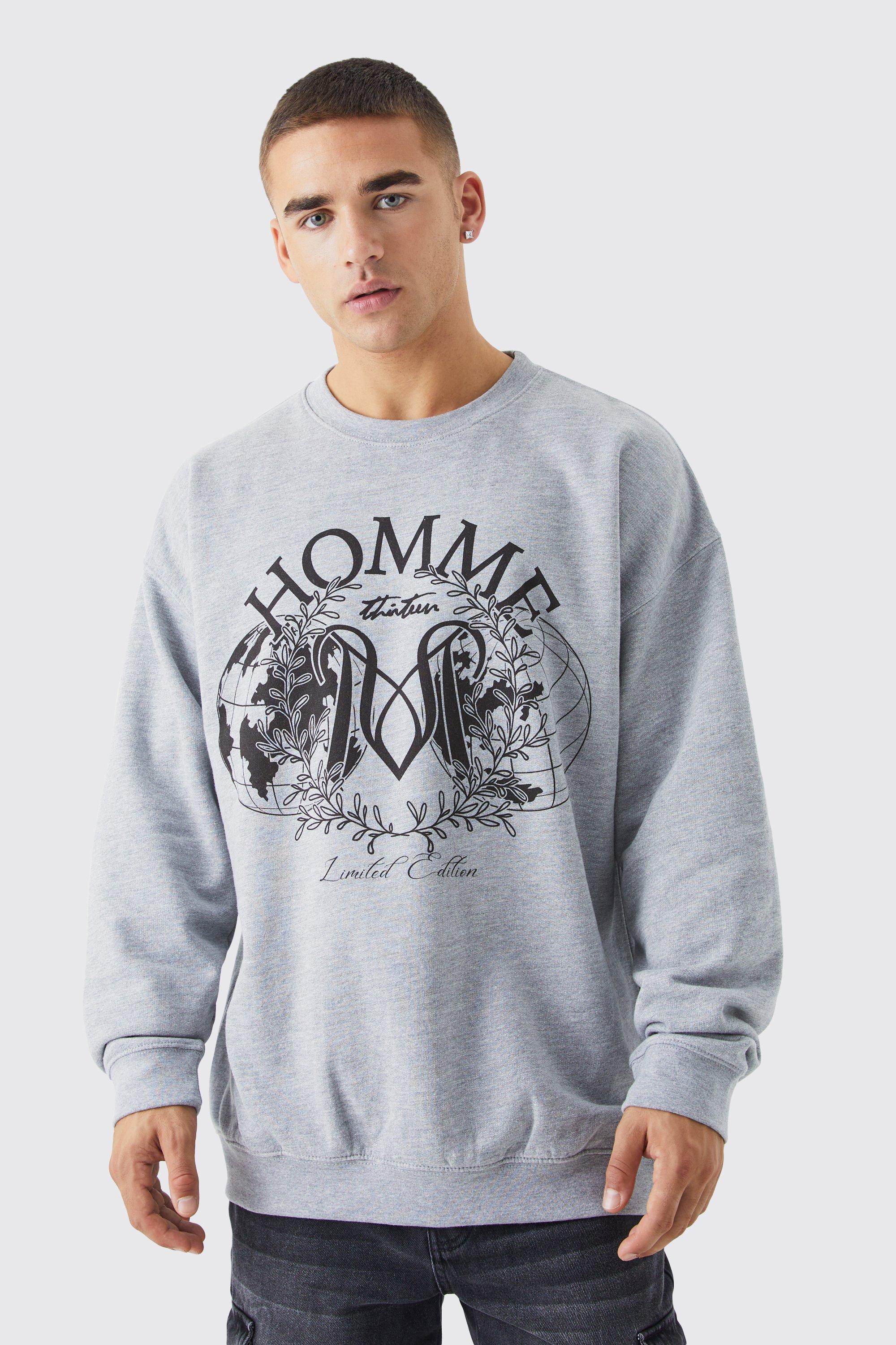 Mens Grey Oversized Homme Graphic Sweatshirt, Grey