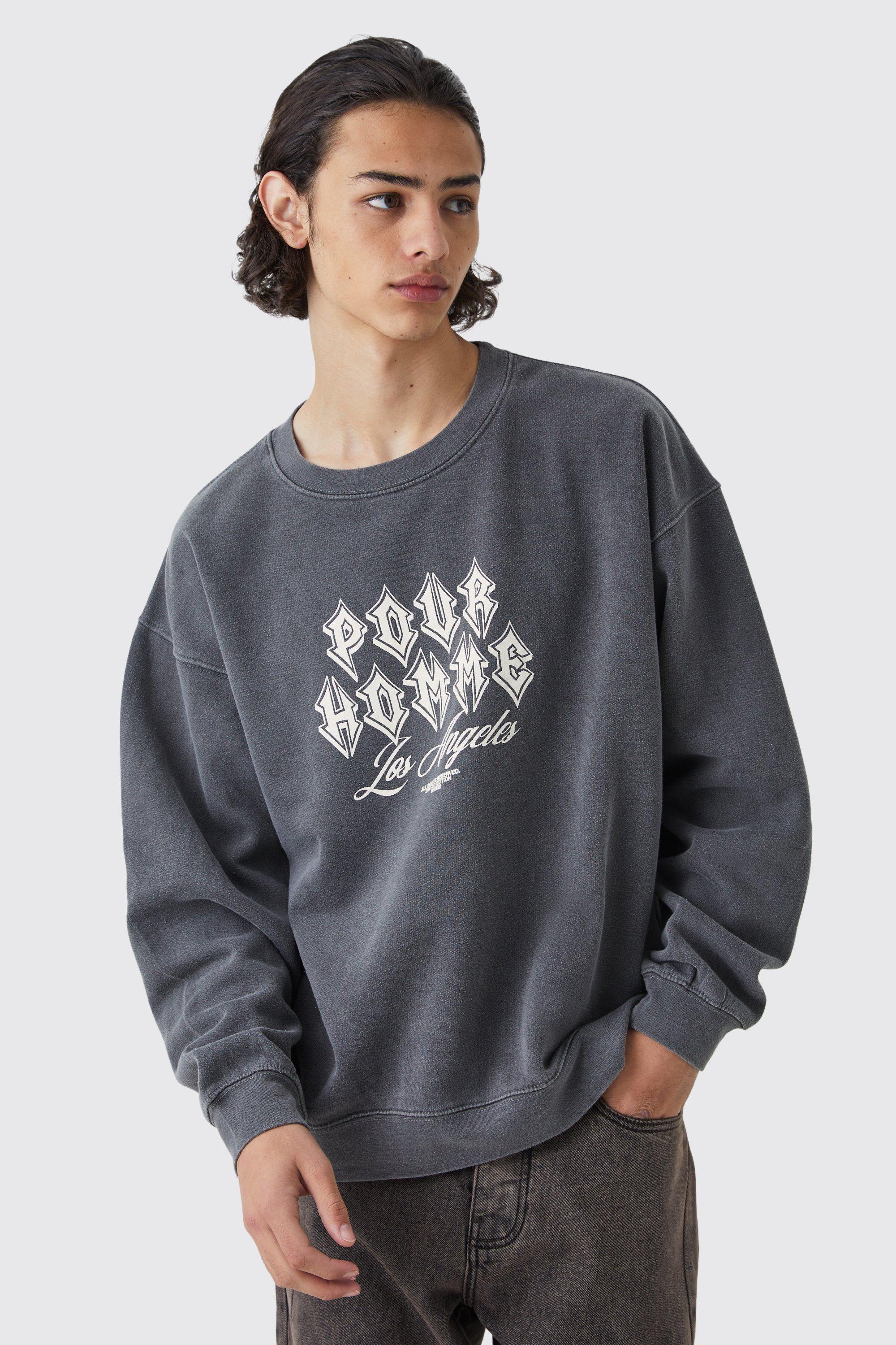 Mens Grey Oversized Pour Homme Wash Graphic Sweatshirt, Grey