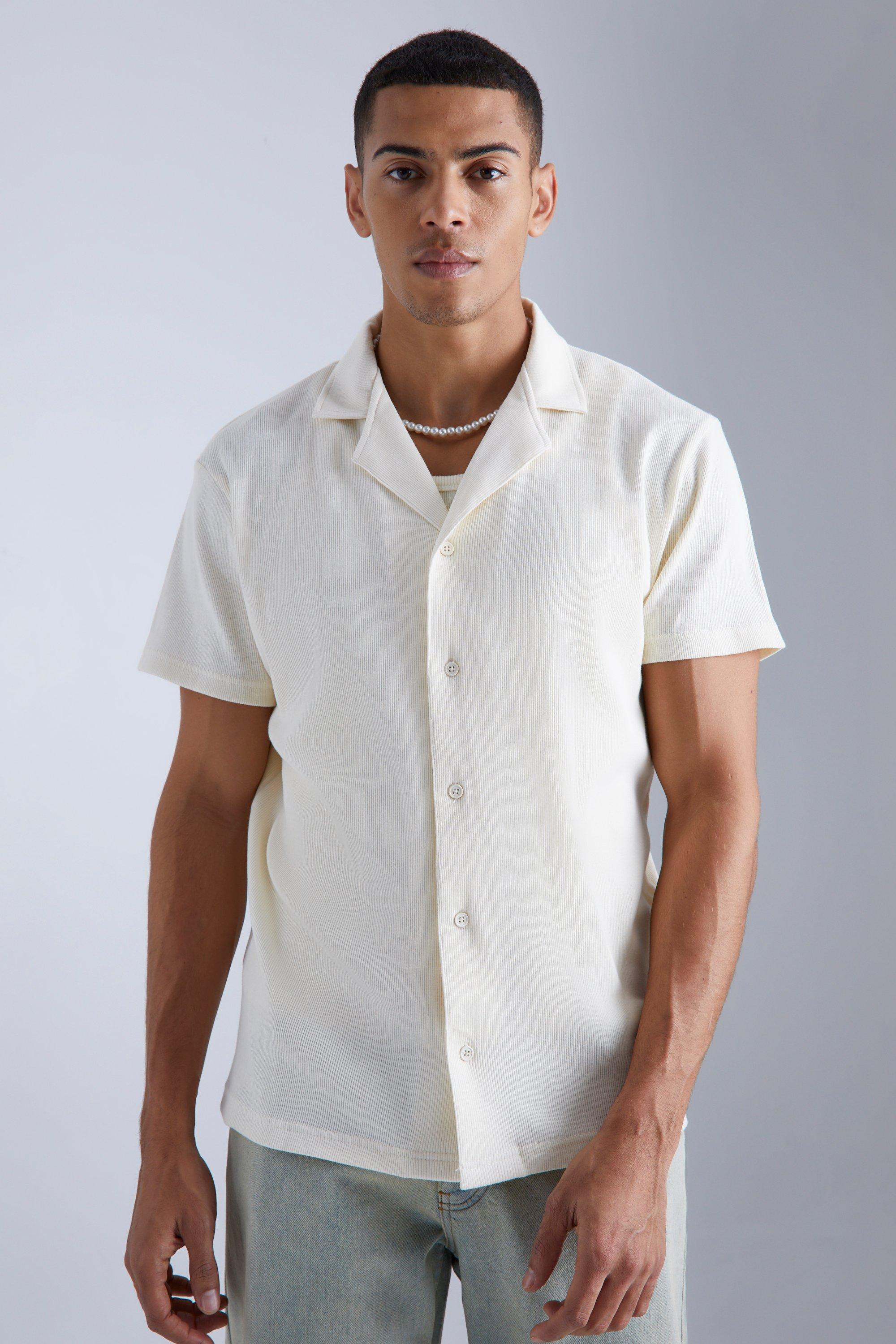 Mens Beige Short Sleeve Revere Rib Jersey Shirt, Beige