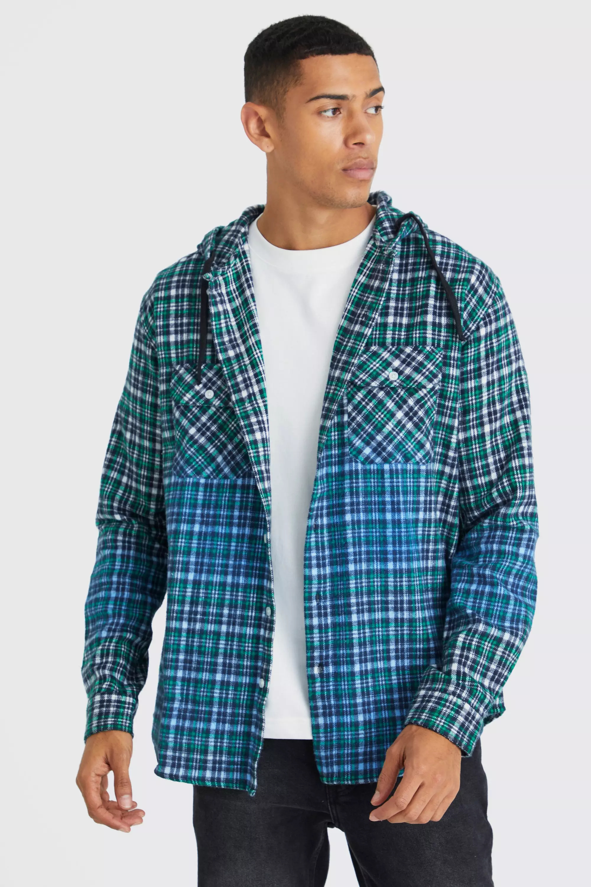 Oversized Bleached Hooded Check Shirt boohooMAN USA