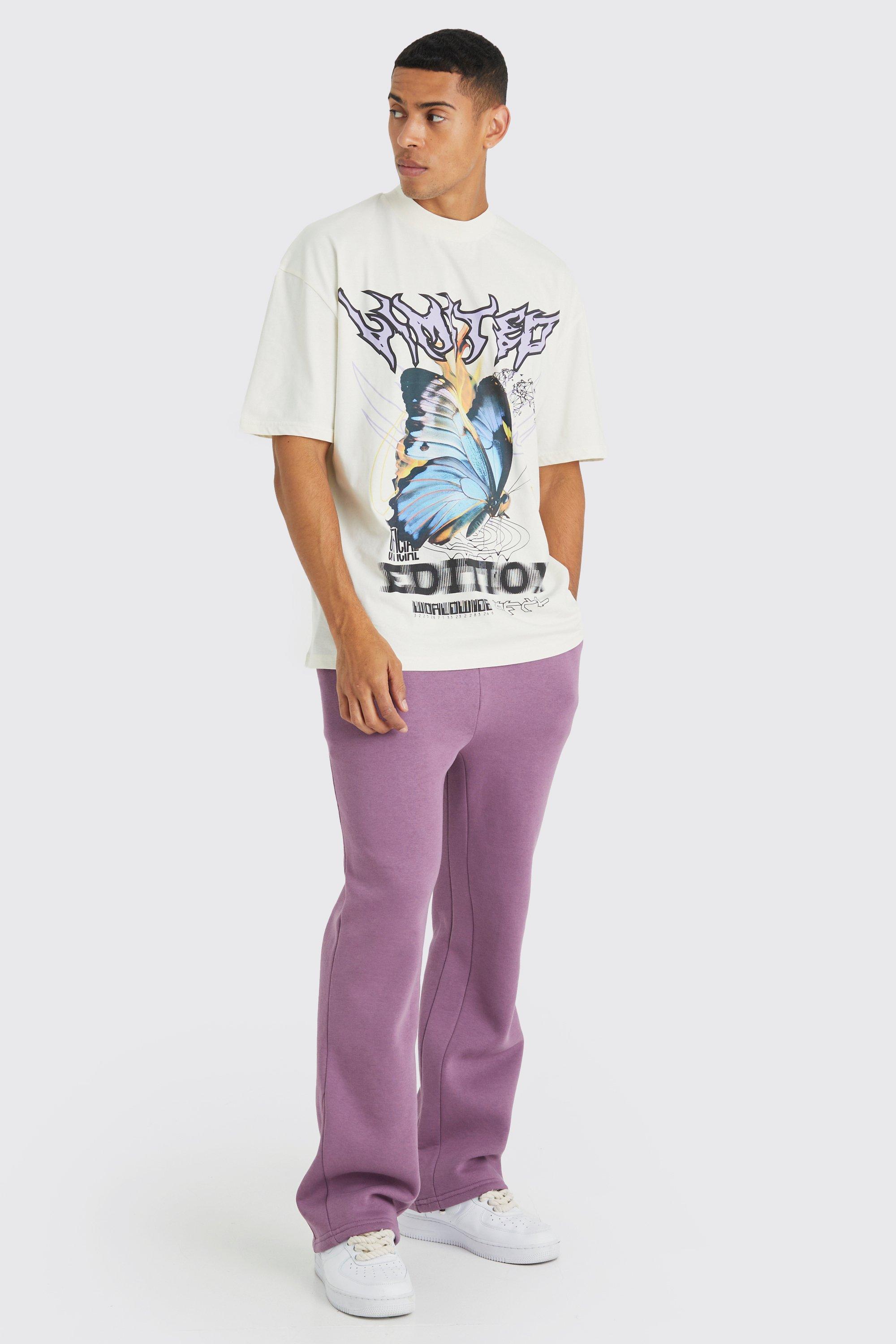 Mens Purple Oversized Butterfly T-shirt & Jogger Set, Purple