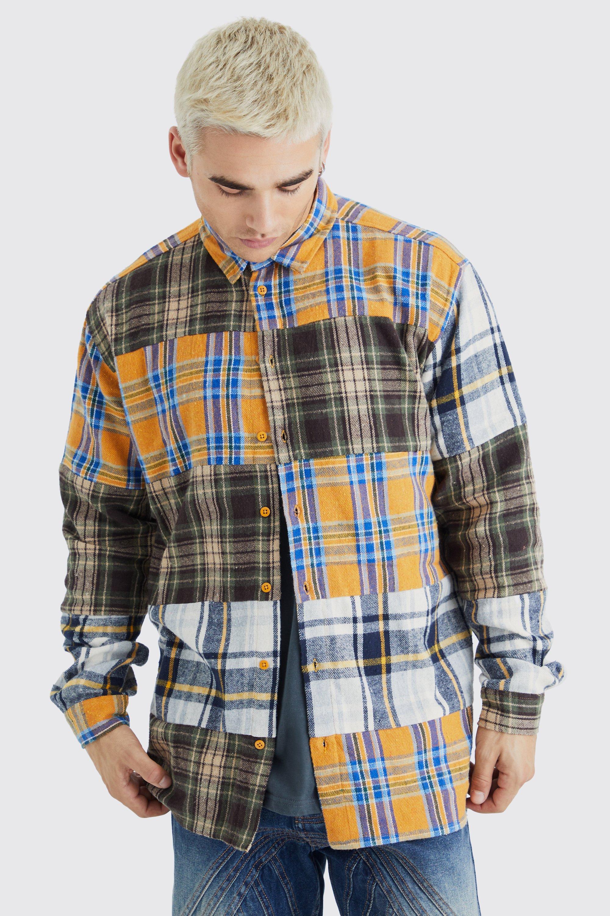 Mens Multi Oversized Distressed Patch Checked Shirt, Multi
