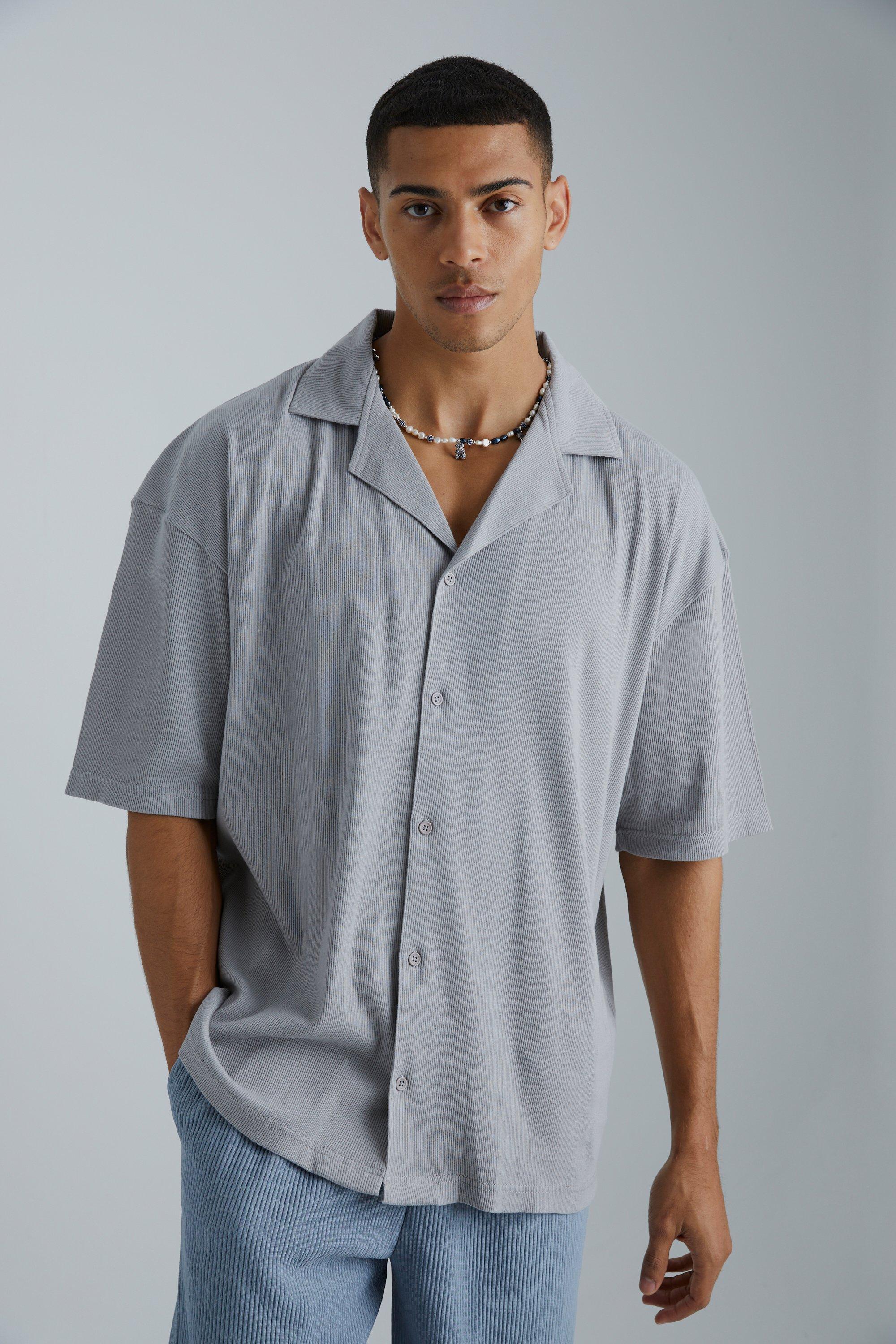 Mens Grey Short Sleeve Boxy Revere Rib Jersey Shirt, Grey