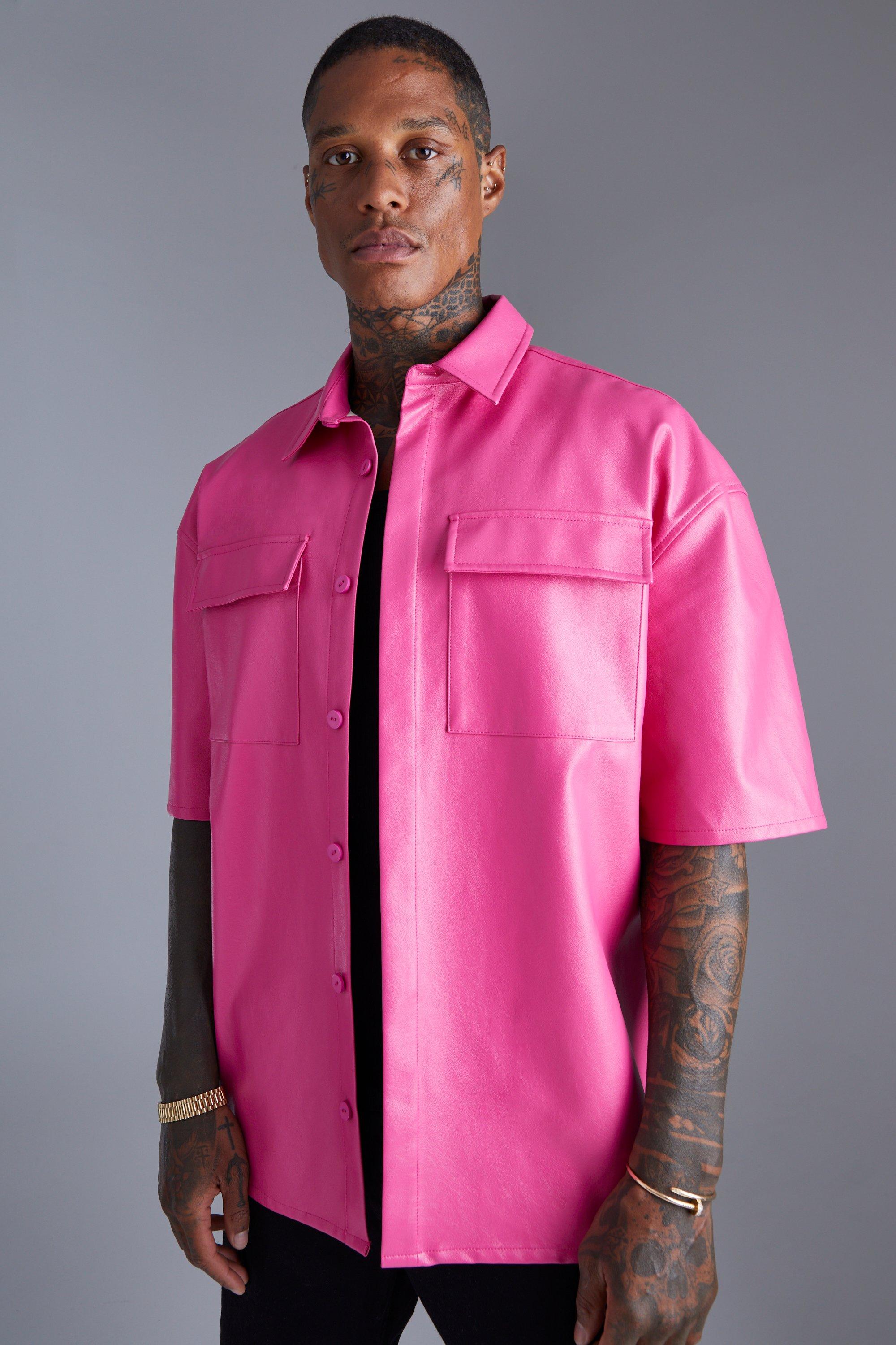 Mens Pink Pu Boxy Oversized Shirt, Pink