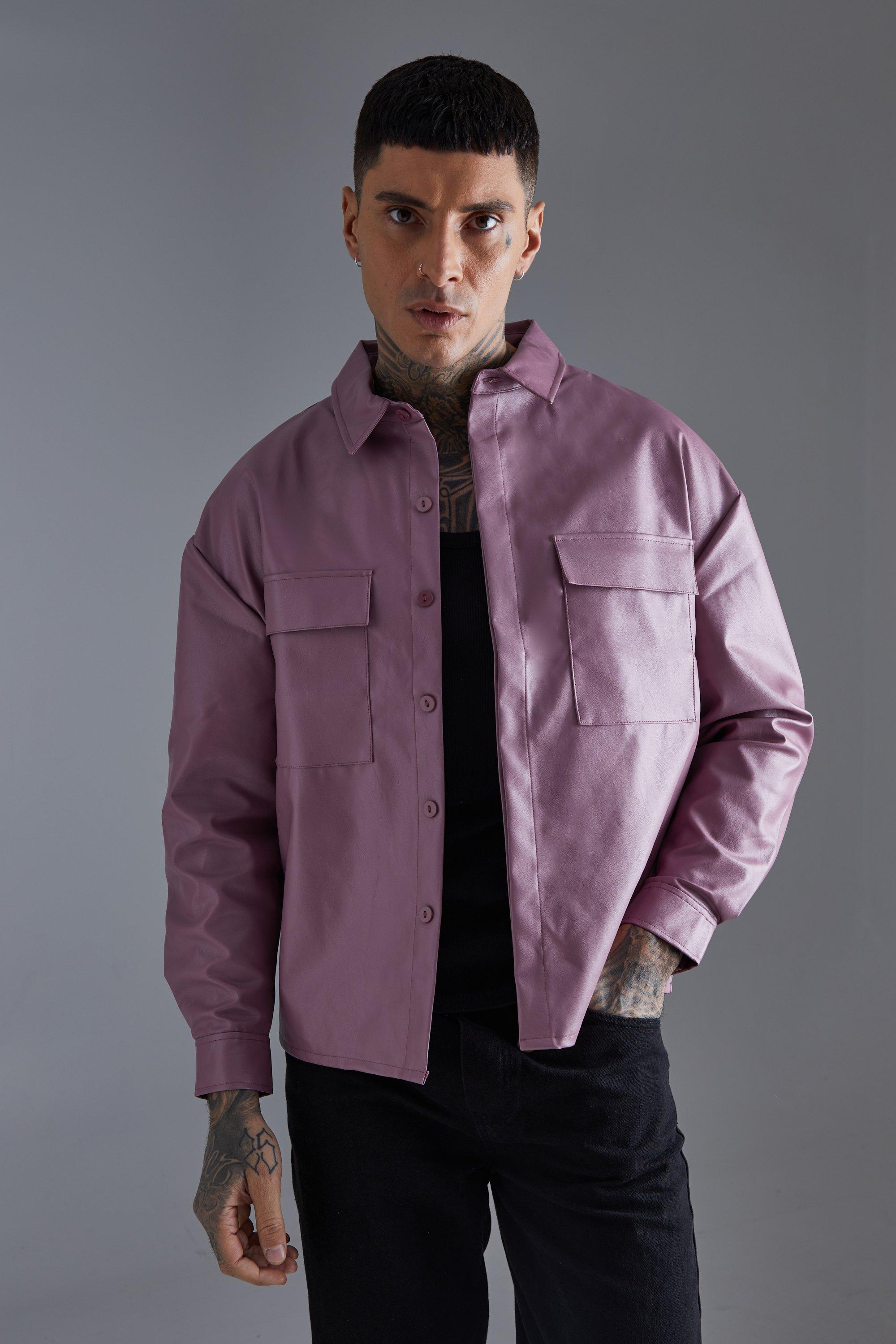 Mens Purple Pu Boxy Oversized Long Sleeve Shirt, Purple
