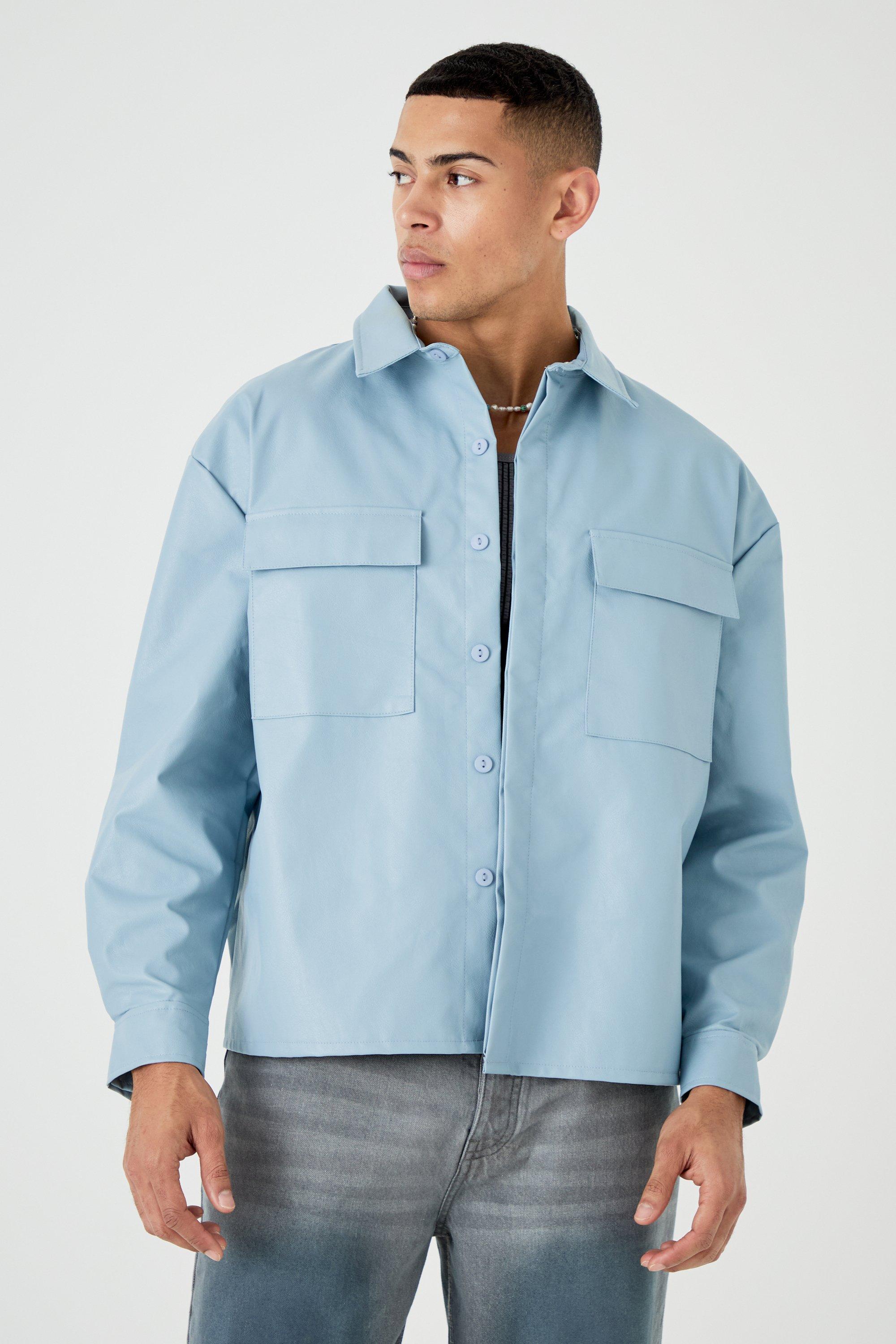 Image of Camicia squadrata oversize a maniche lunghe in PU, Azzurro