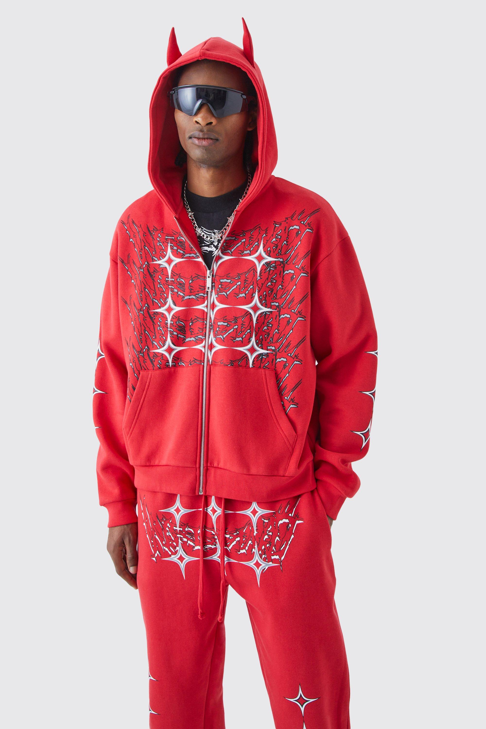 Mens Red Oversized Boxy Grunge Zip Through Ear Hooded Tracksuit, Red