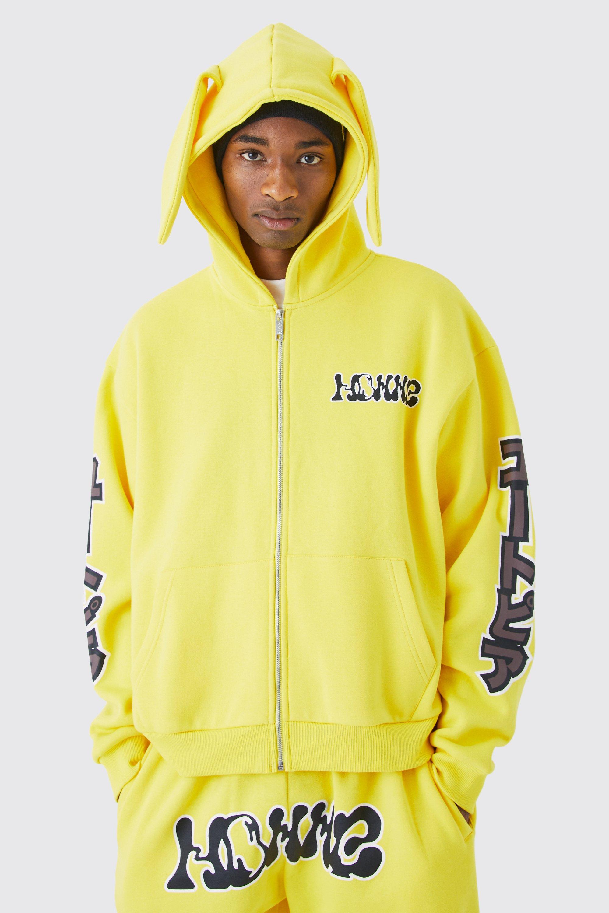 Mens Yellow Oversized Boxy Homme Zip Through Ear Hoodie