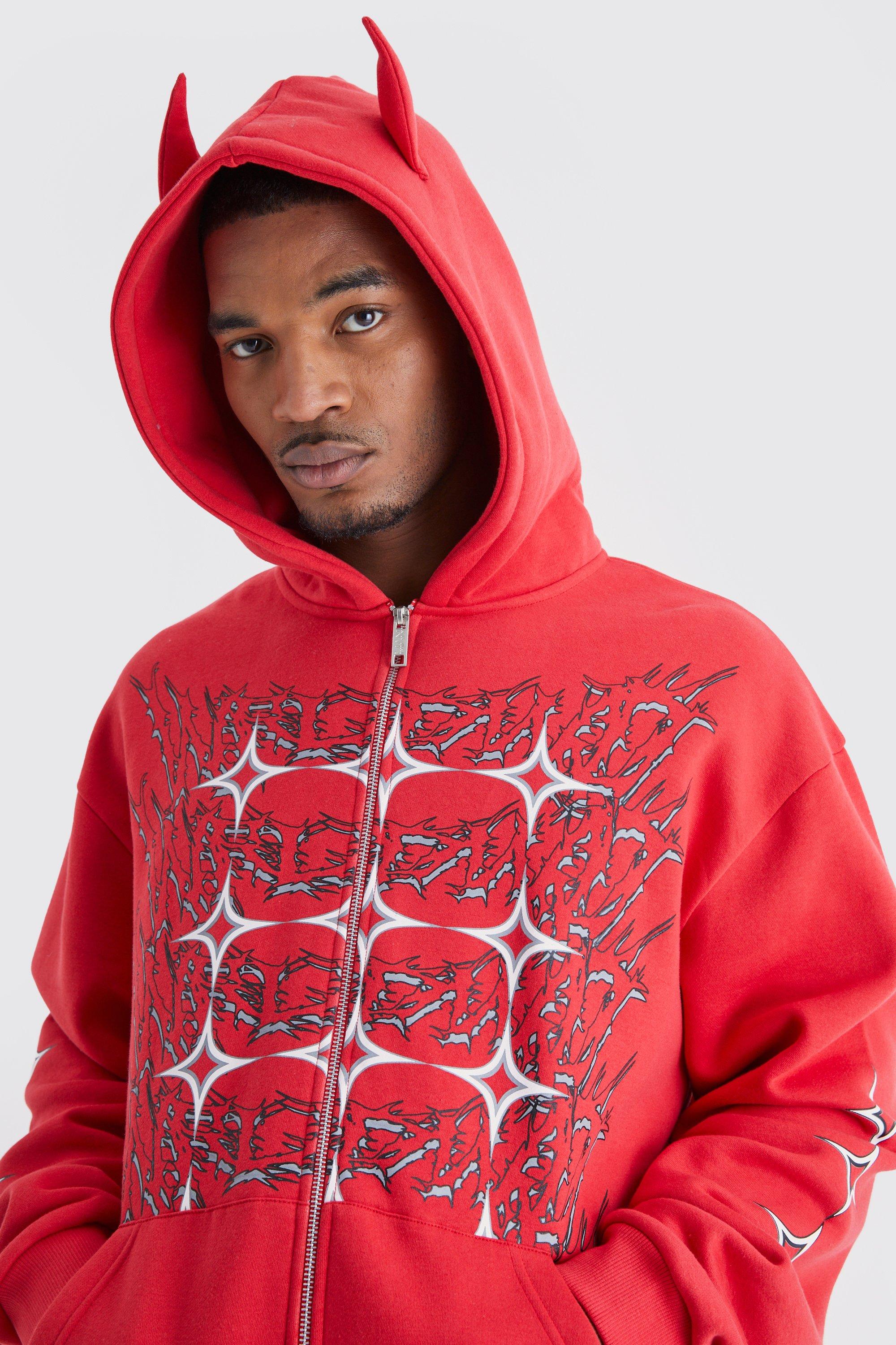 Mens Red Tall Oversized Boxy Grunge Zip Through Ear Hooded Tracksuit, Red