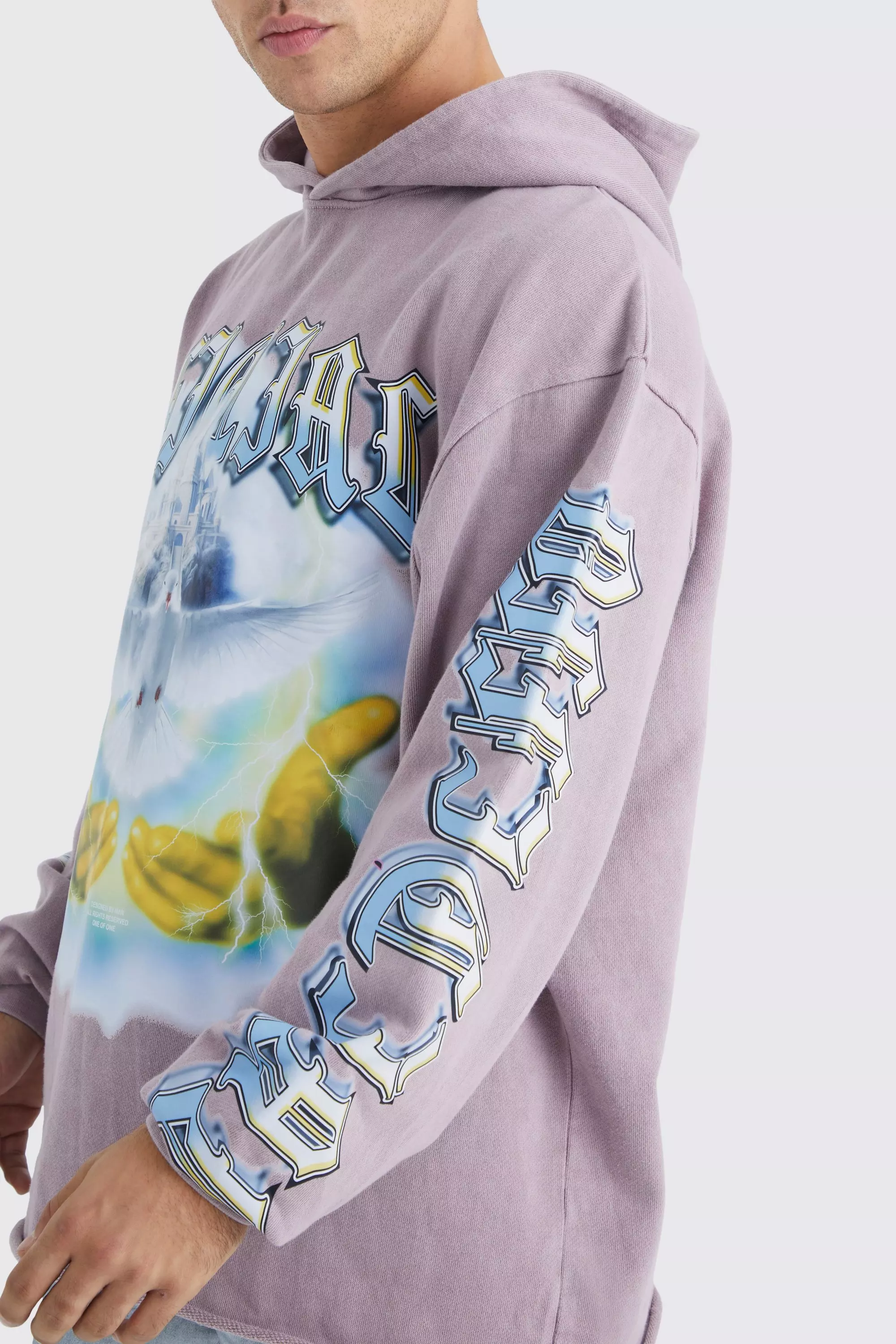 Oversized Raw Hem Washed Loopback Graphic Hoodie