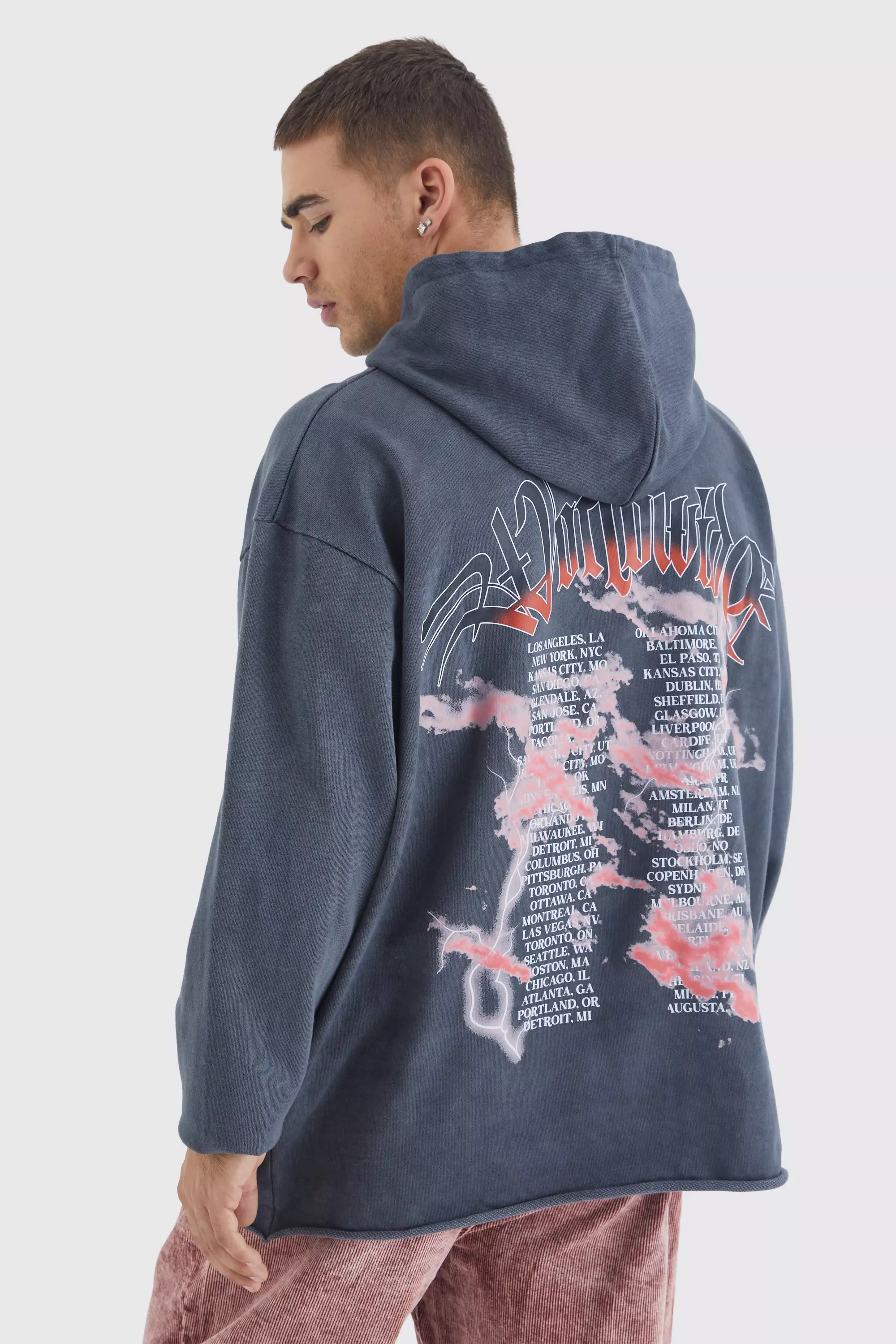 Oversized Raw Hem Washed Loopback Graphic Hoodie boohooMAN USA