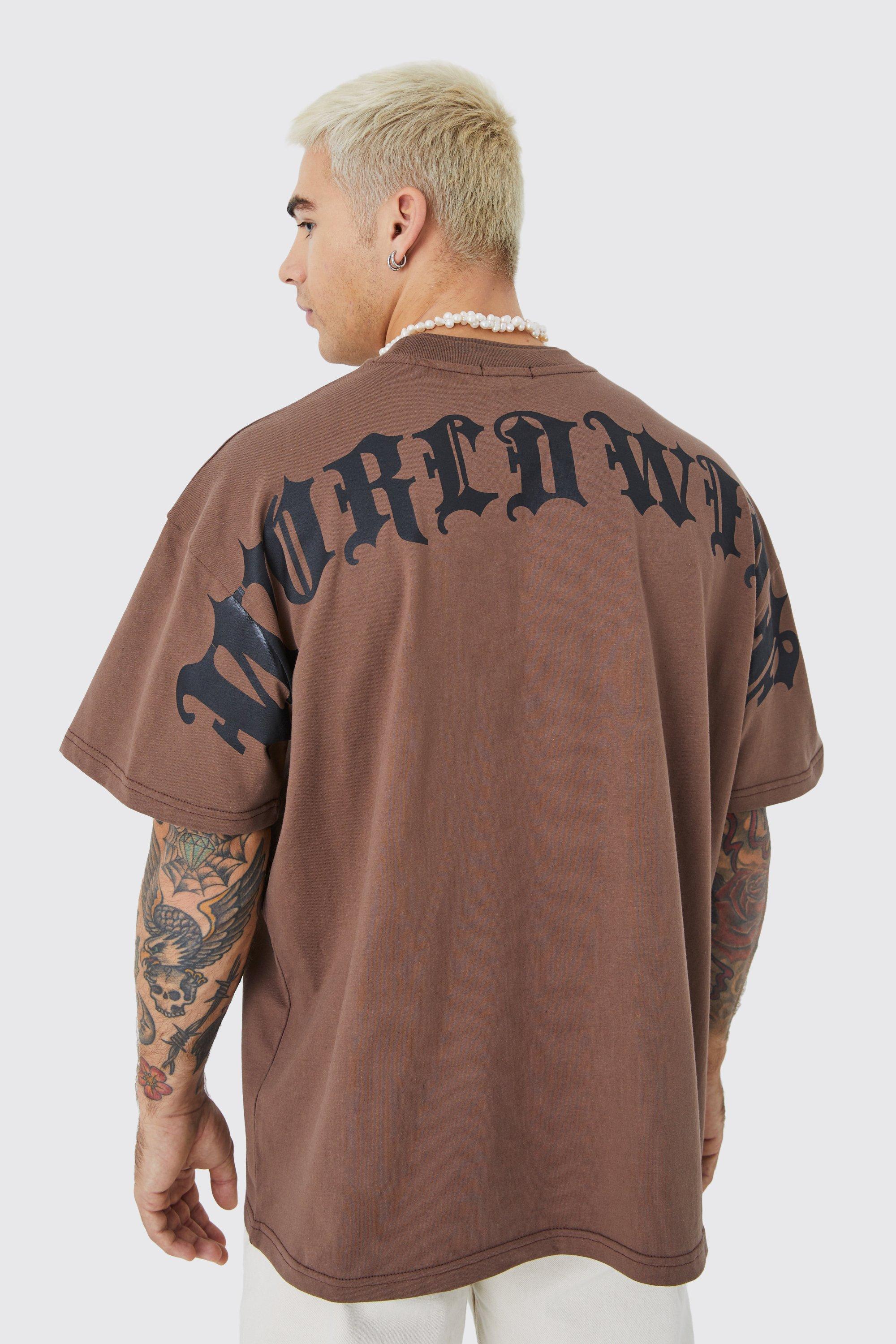 Image of T-shirt oversize pesante con testo grande, Brown