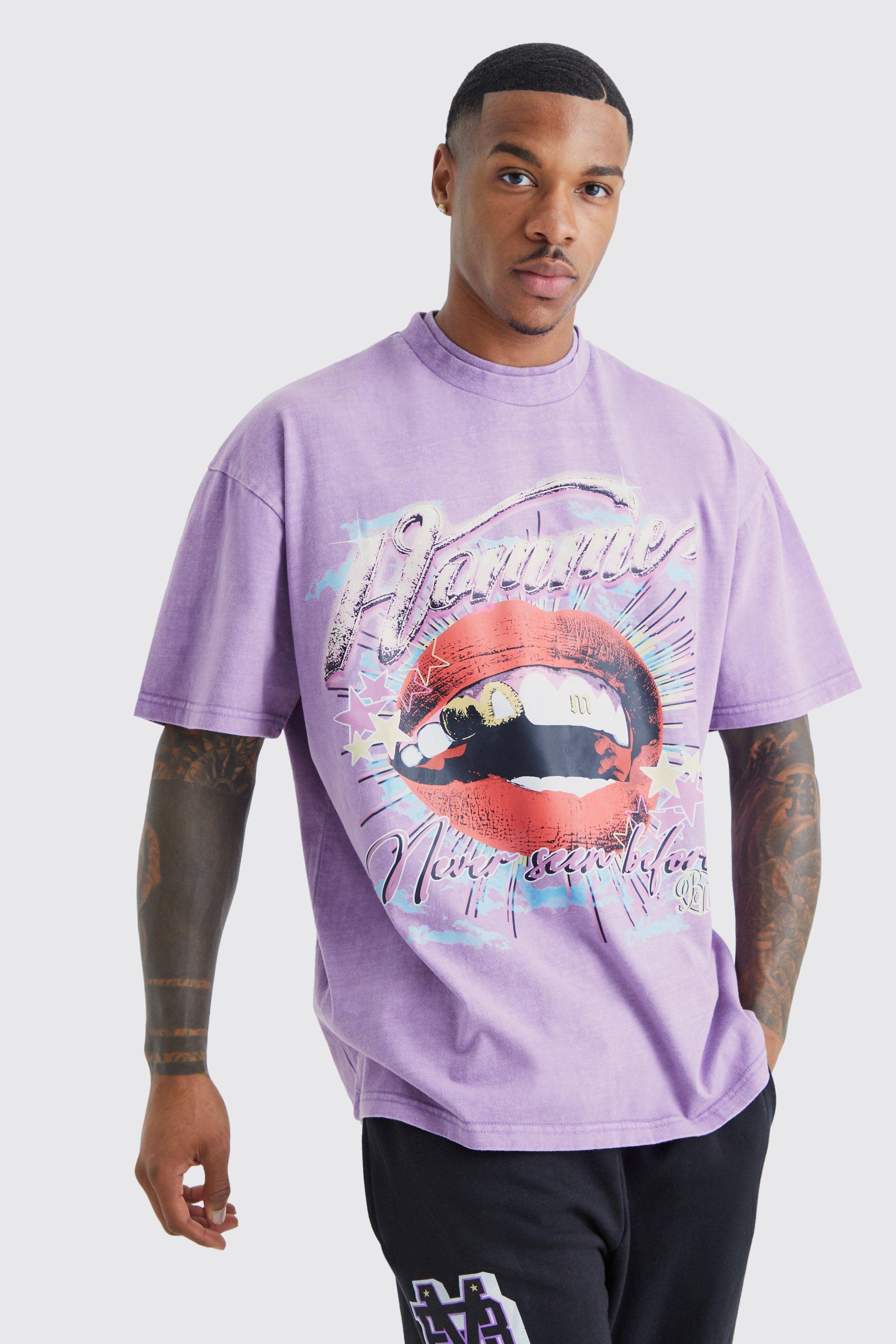 Mens Purple Oversized Washed Graphic Double Neck T-shirt, Purple