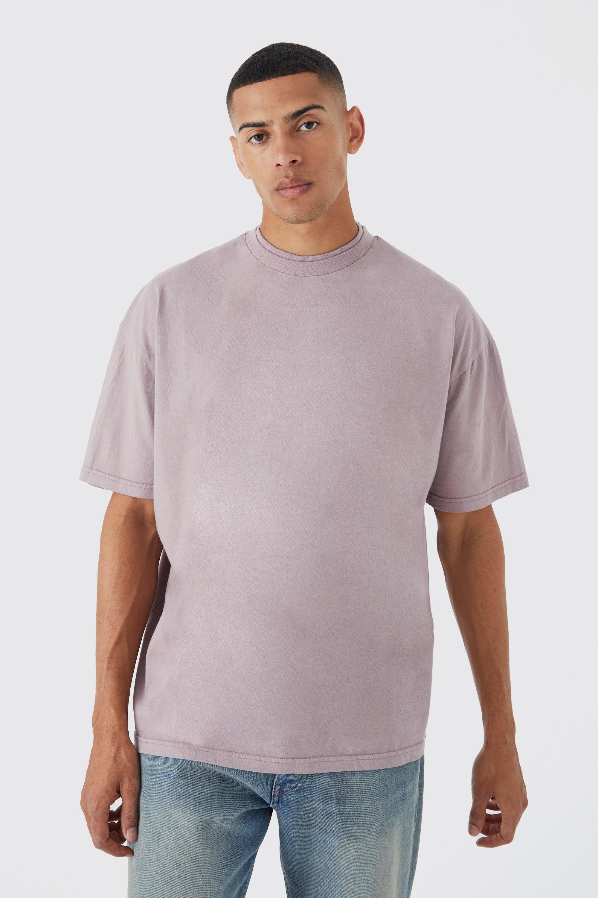 Mens Purple Oversized Washed Double Neck Heavy T-shirt, Purple