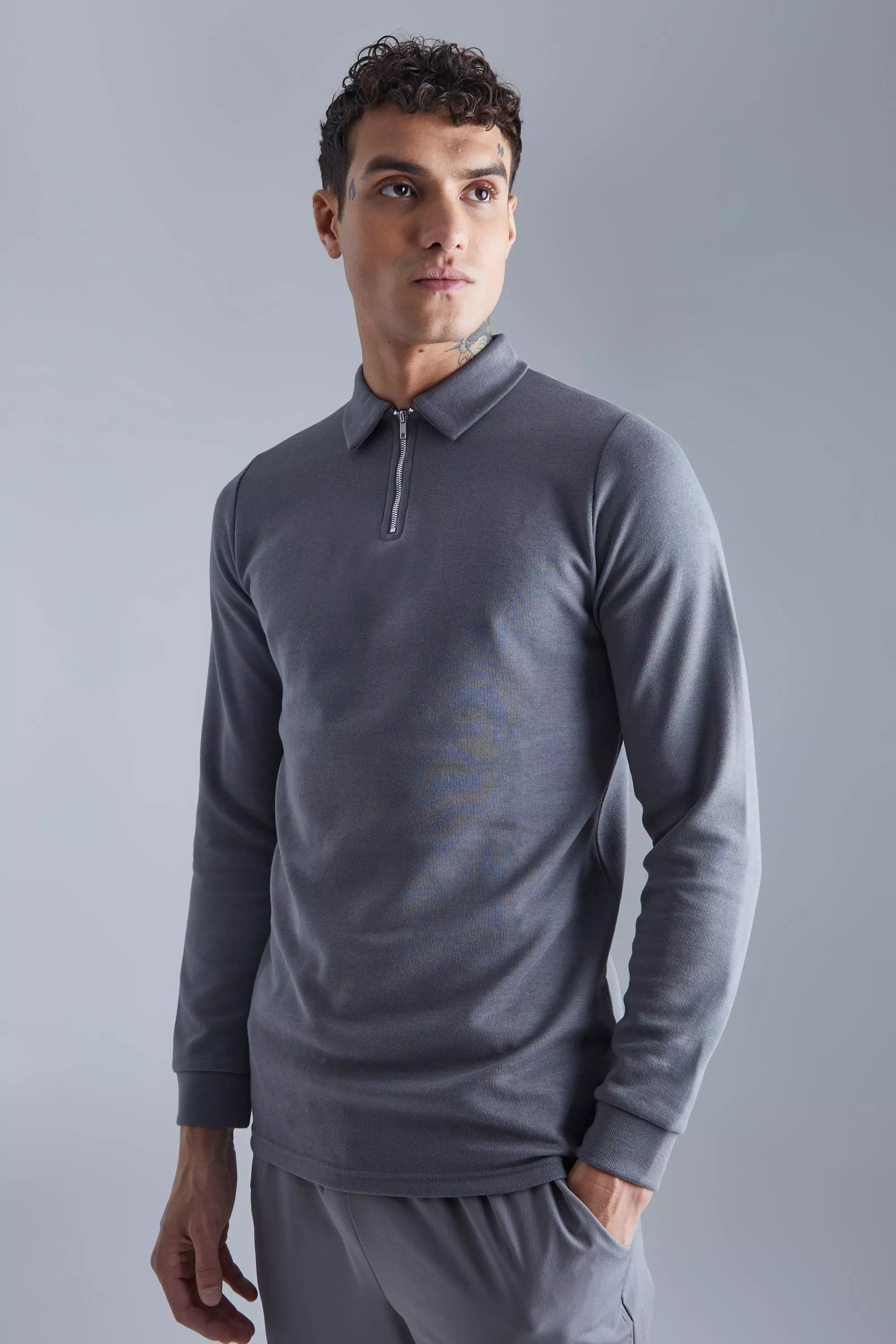 Verweven Slim Fit Polo Met Lange Mouwen boohooMAN