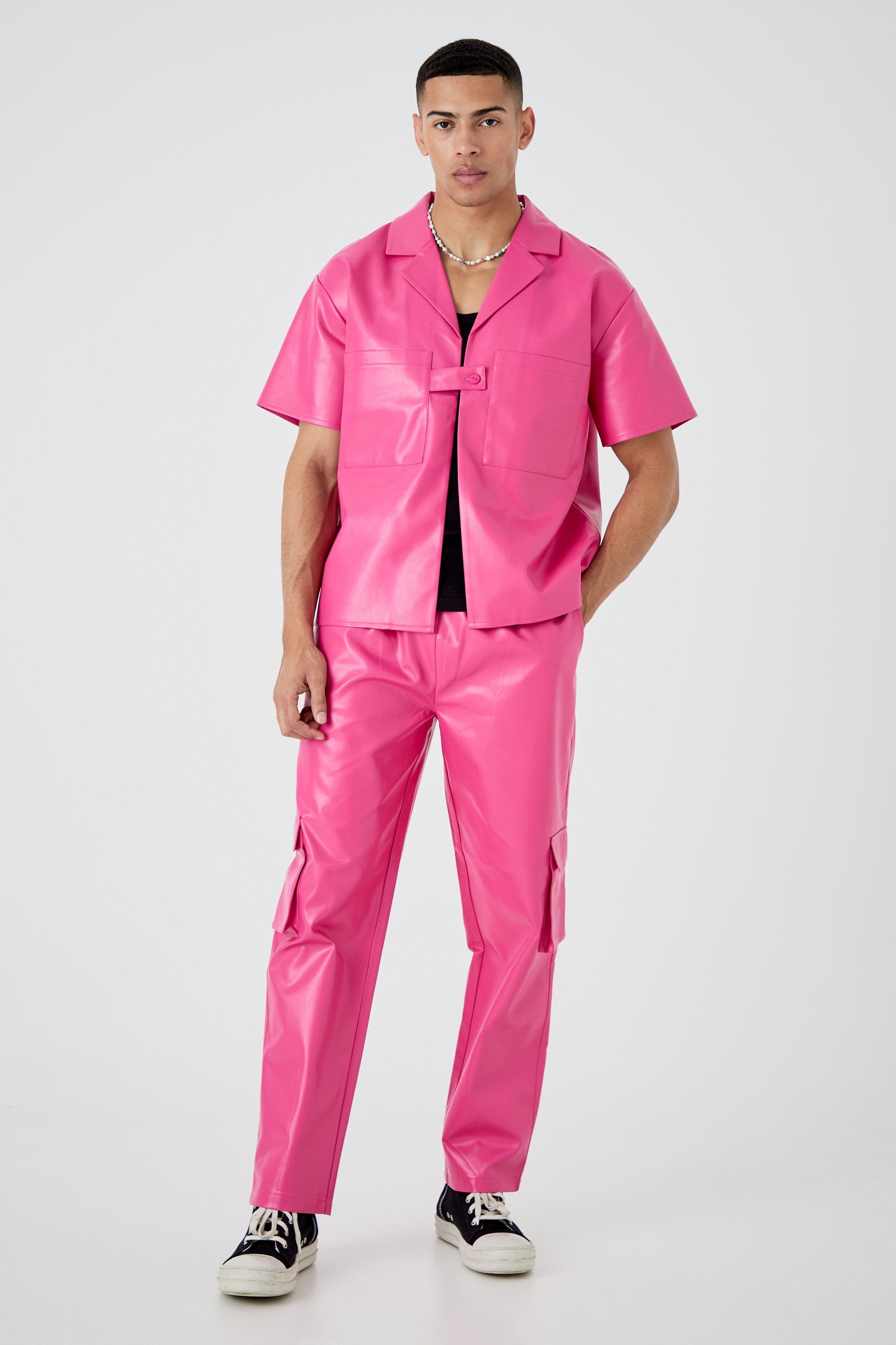 Mens Pink Short Sleeve Boxy Revere Button Pu Shirt & Trouser Set, Pink