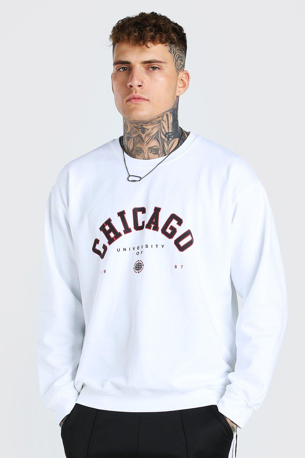 Mens White Oversized Chicago Print Sweatshirt, White
