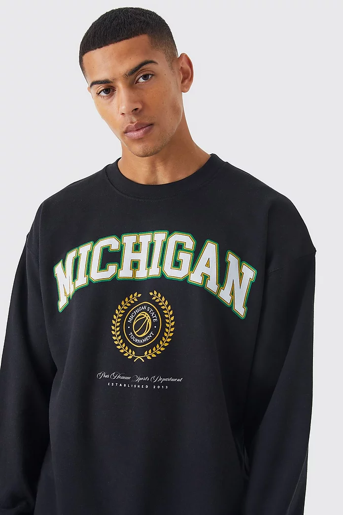 Oversized Michigan Print Sweatshirt | boohooMAN USA