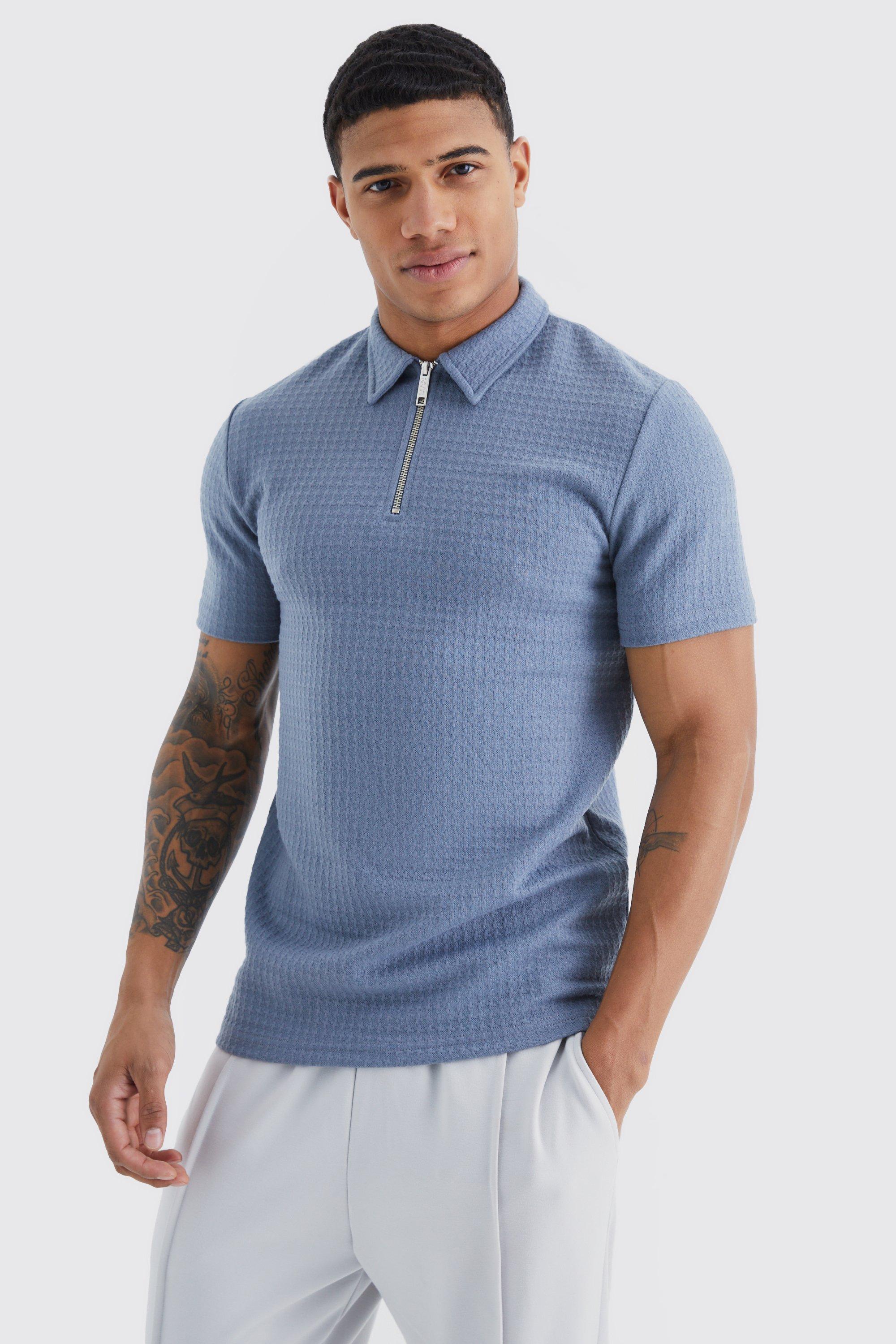Mens Blue Short Sleeve Muscle Cable Textured Polo, Blue