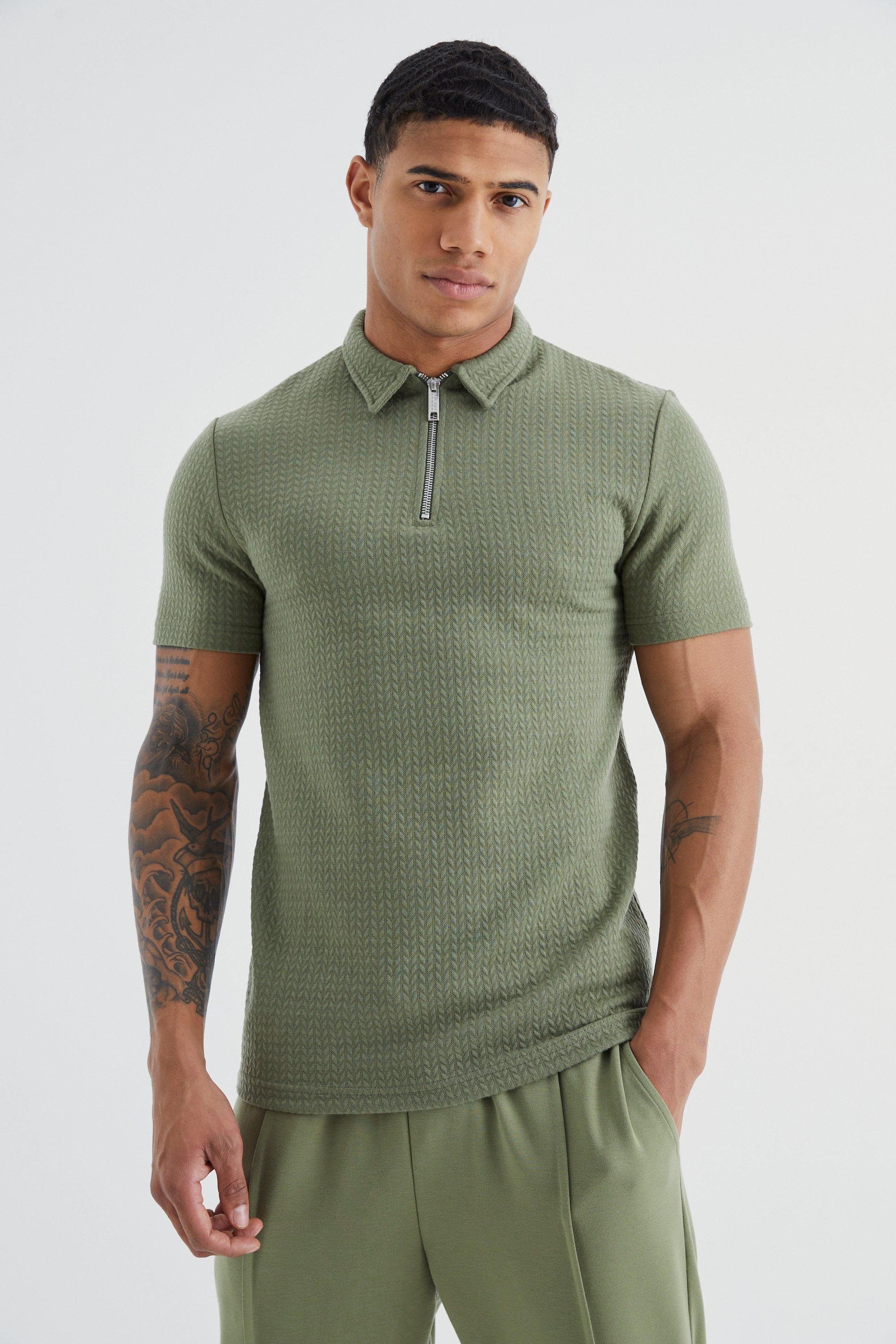 Mens Green Short Sleeve Muscle Cable Textured Polo, Green