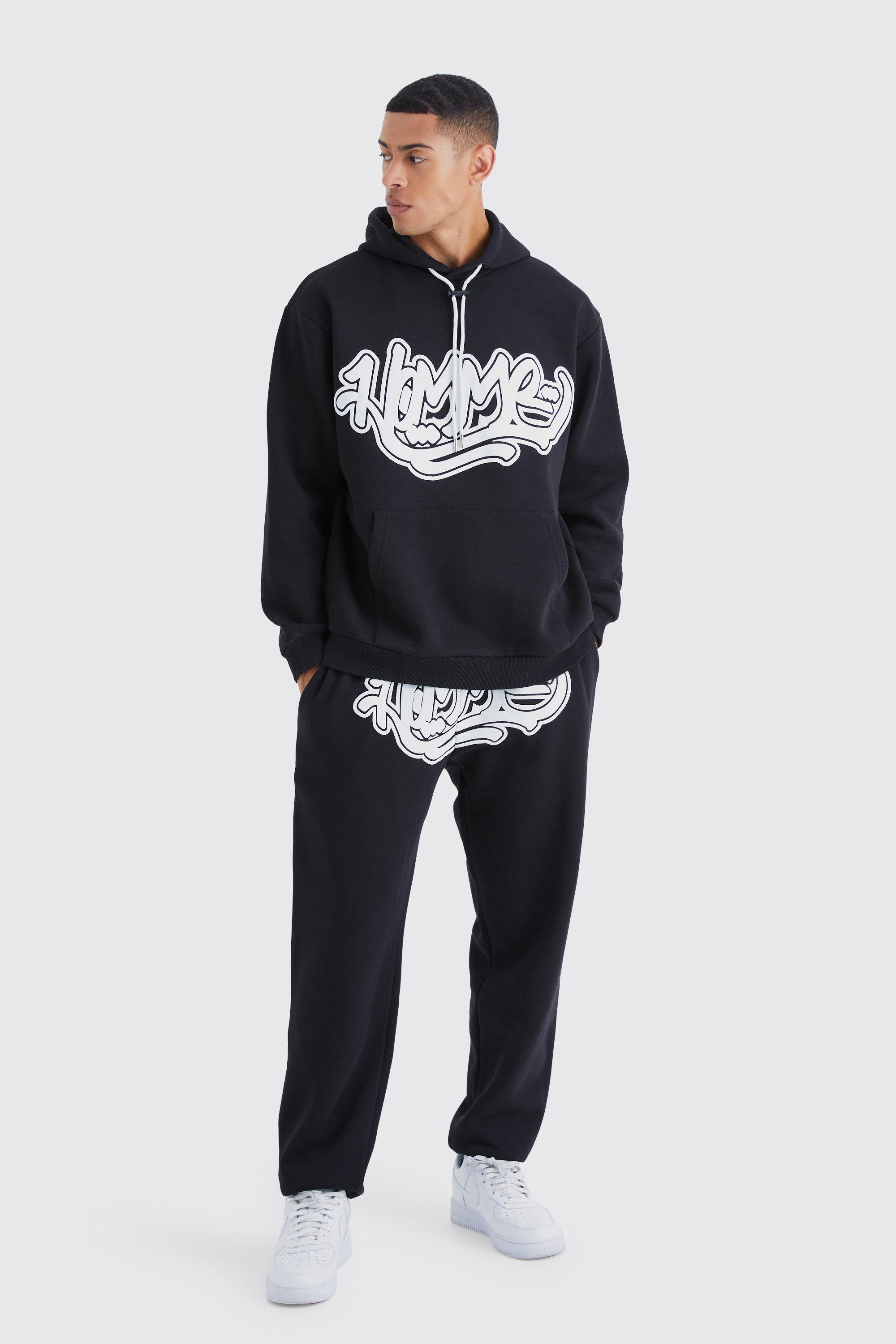 Mens Black Homme Graffiti Oversized Hooded Tracksuit, Black