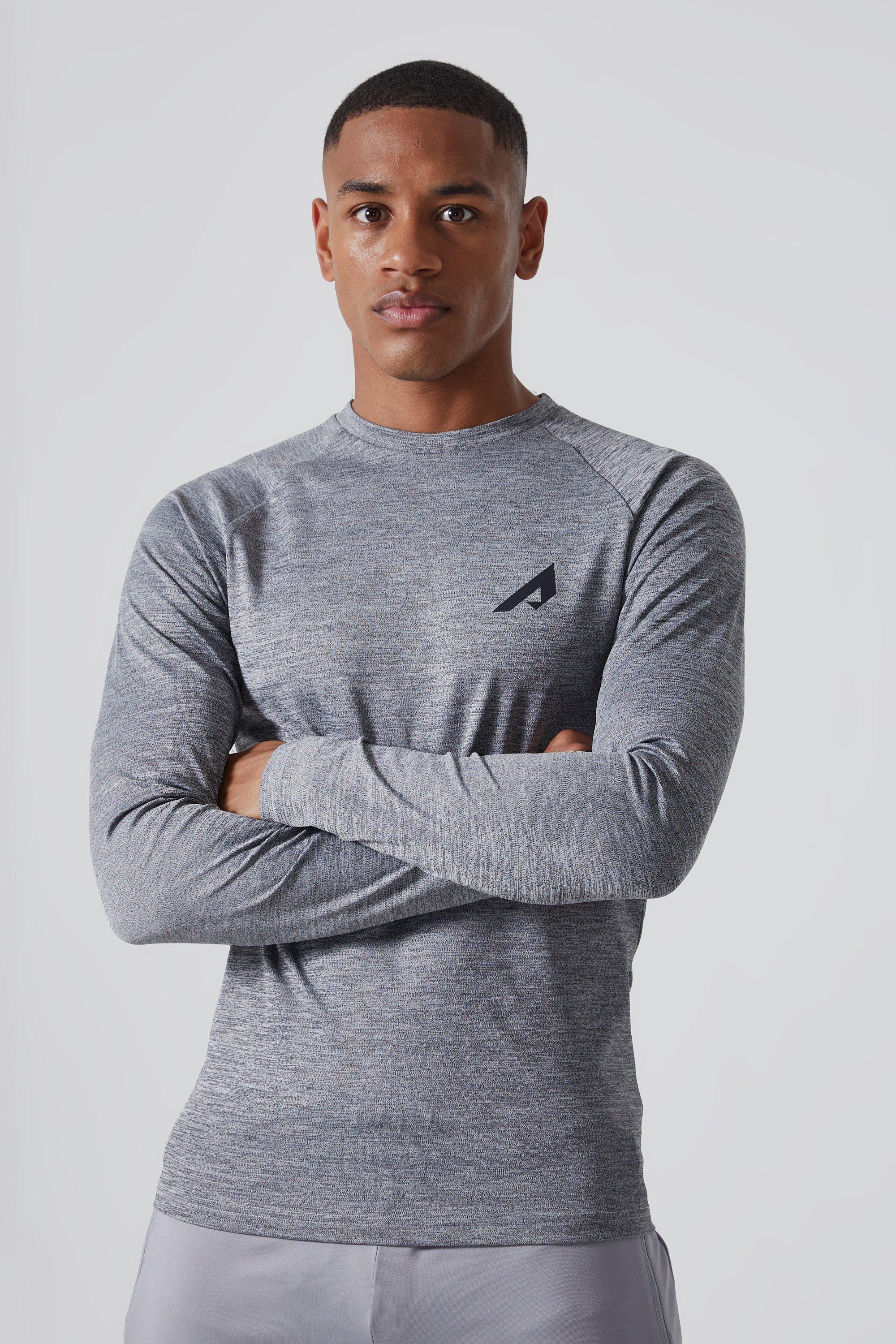 Mens Grey Active Muscle Fit Space Dye Long Top, Grey