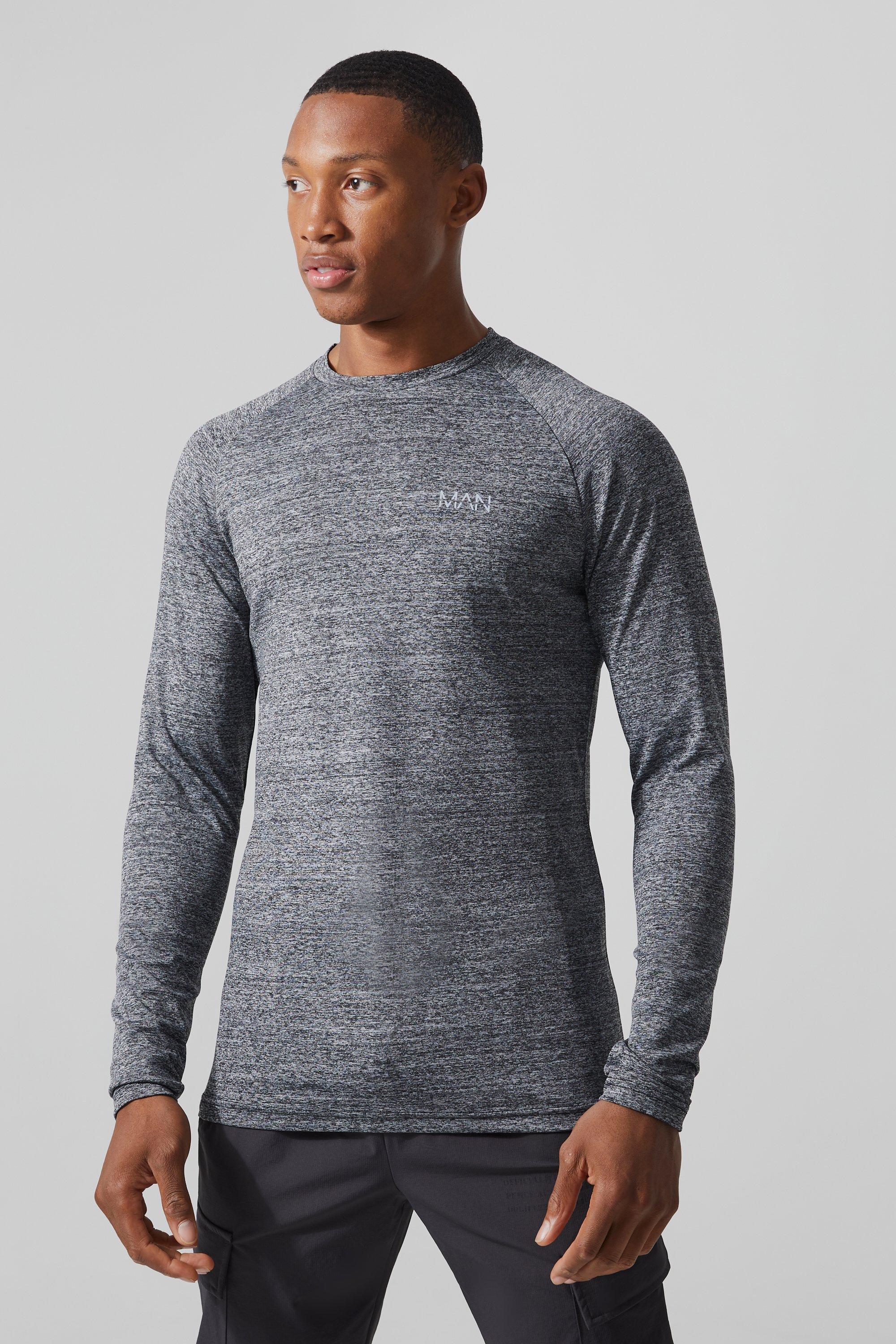 Mens Grey Man Active Muscle Fit Space Dye Long Top, Grey