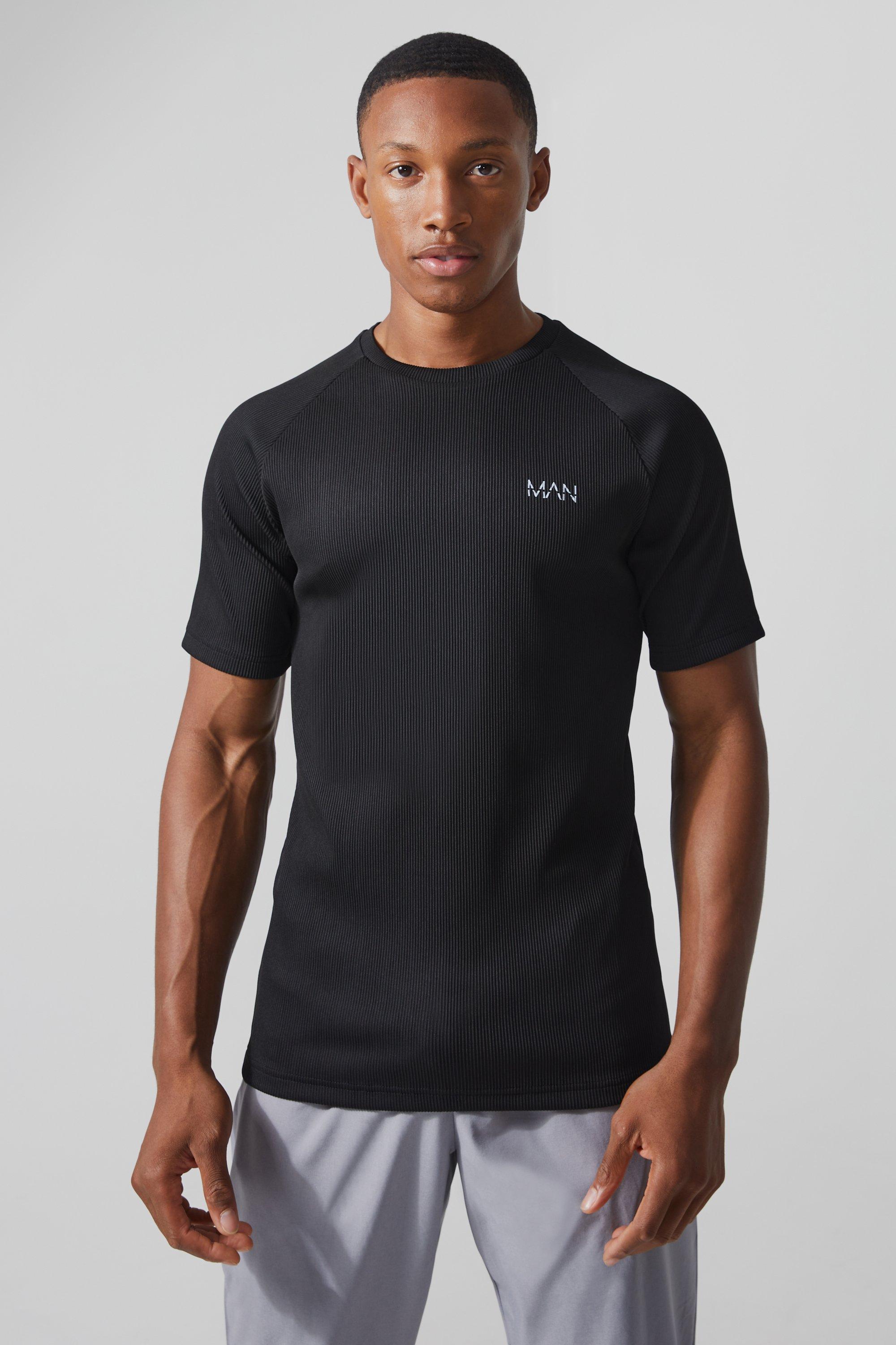 Mens Black Man Active Muscle Fit Ribbed Raglan T-shirt, Black