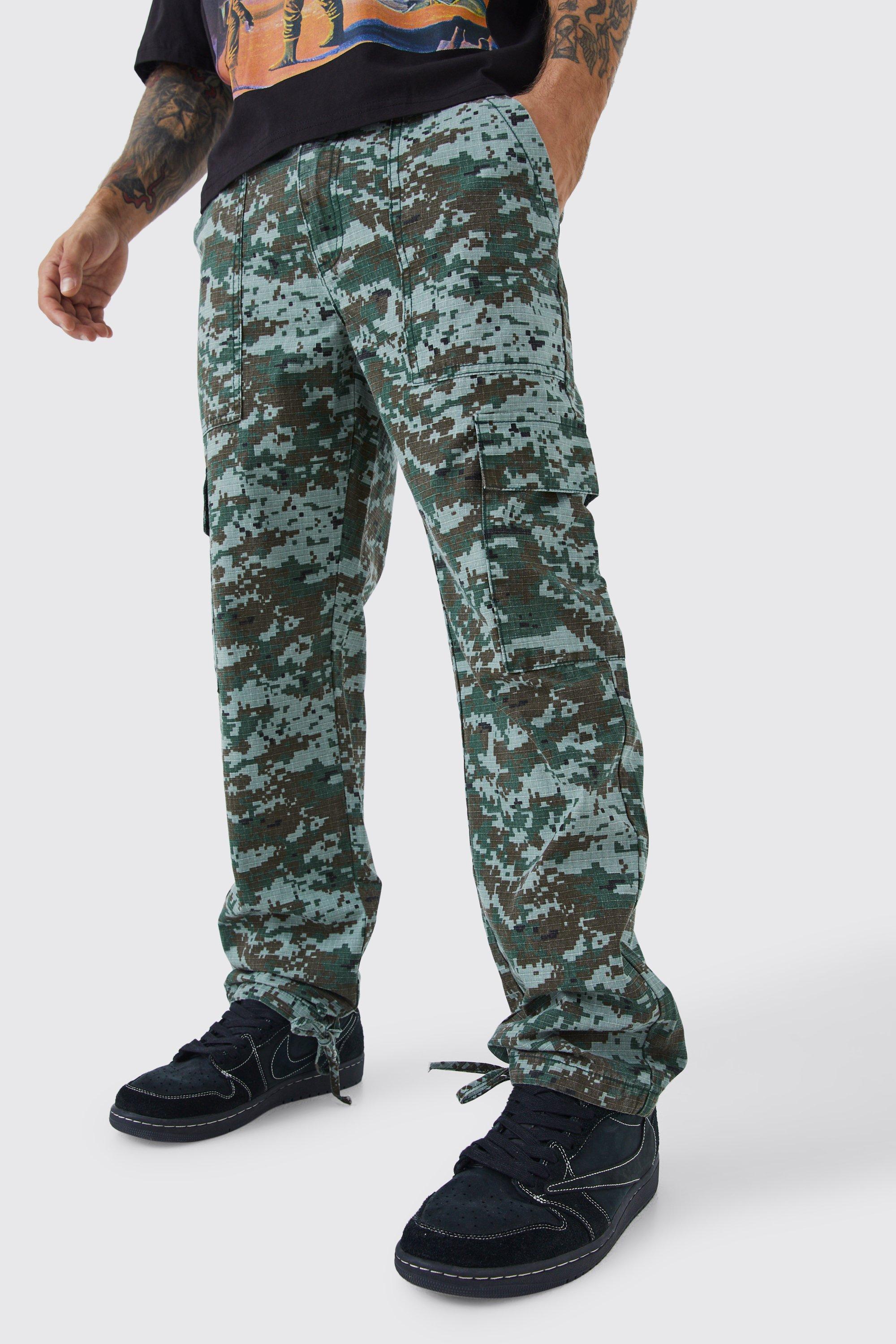 Mens Green Straight Leg Tie Hem Camo Trouser, Green