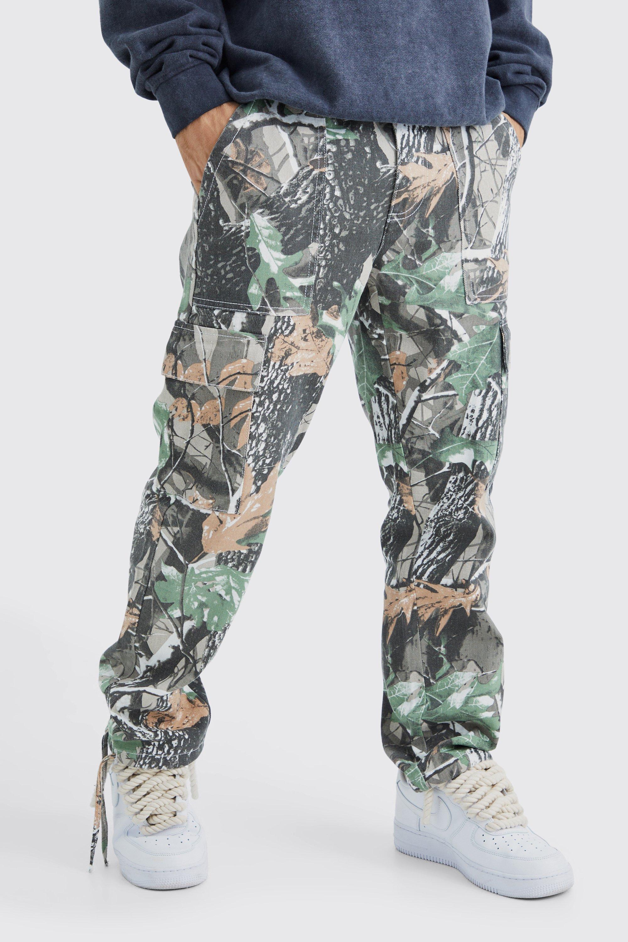 Image of Pantaloni dritti in fantasia militare con laccetti sul fondo, Beige