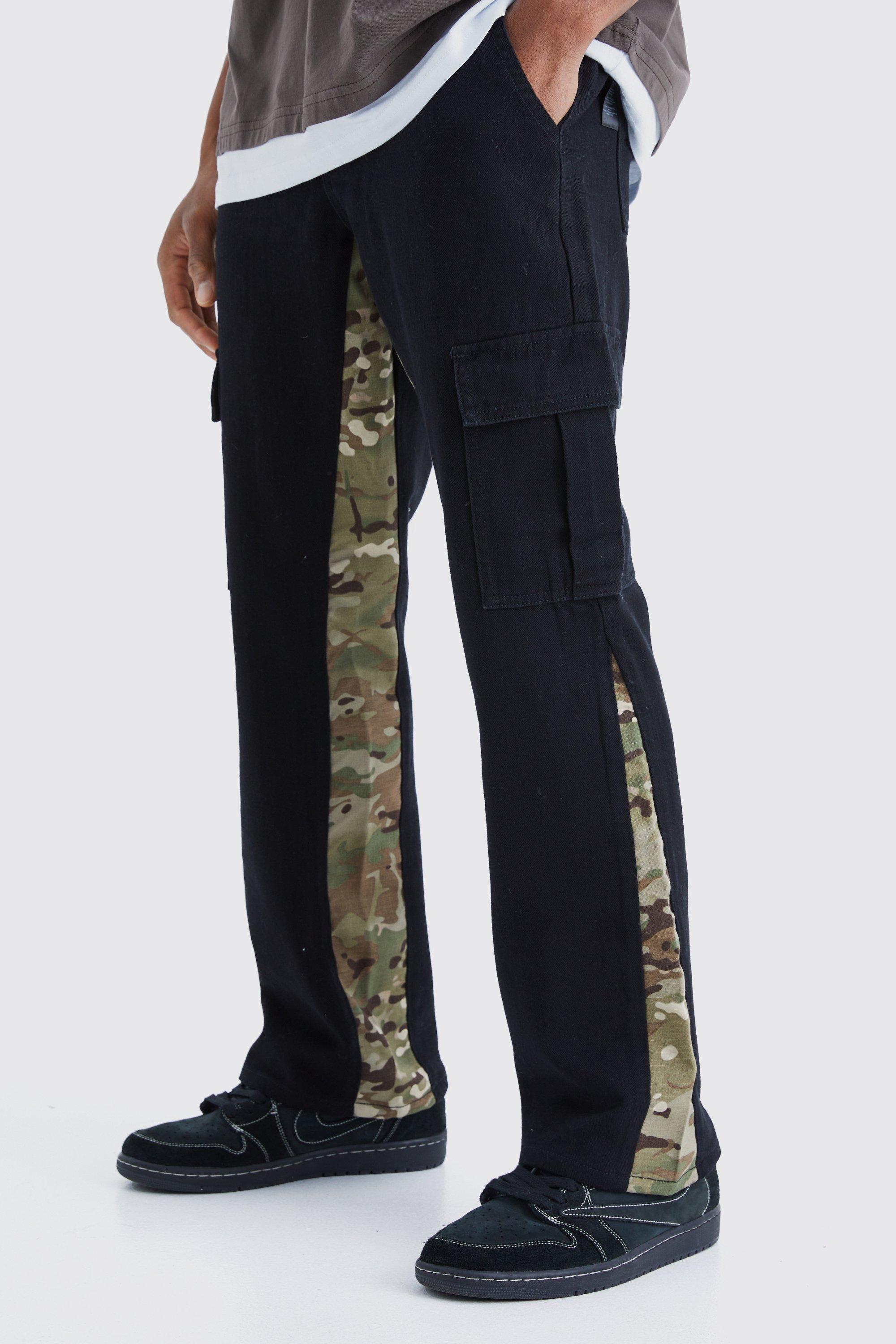 Mens Black Straight Leg Camo Gusset Cargo Trouser, Black