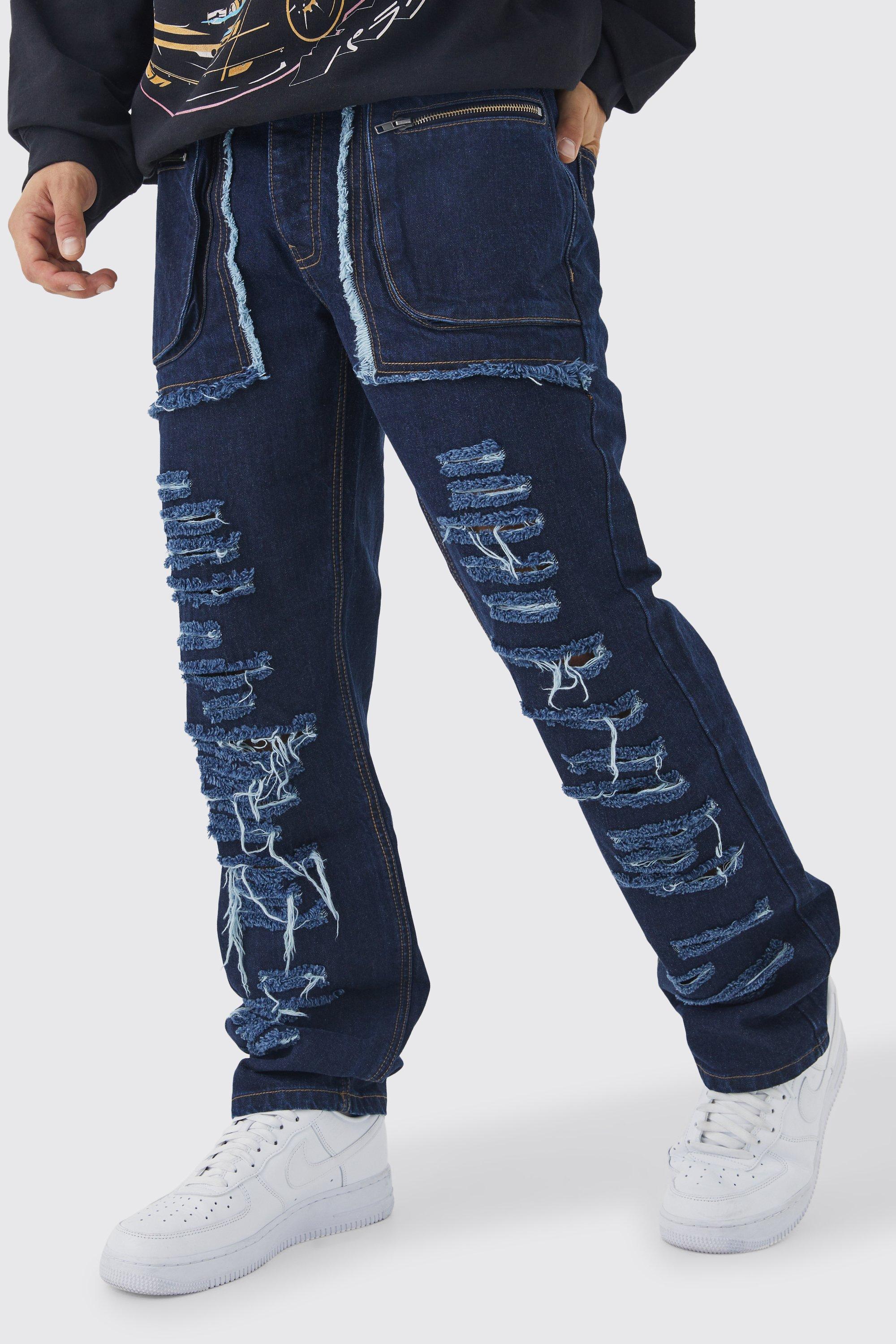 Mens Blue Relaxed Rigid Distressed Ripped Cargo Pocket Jean, Blue
