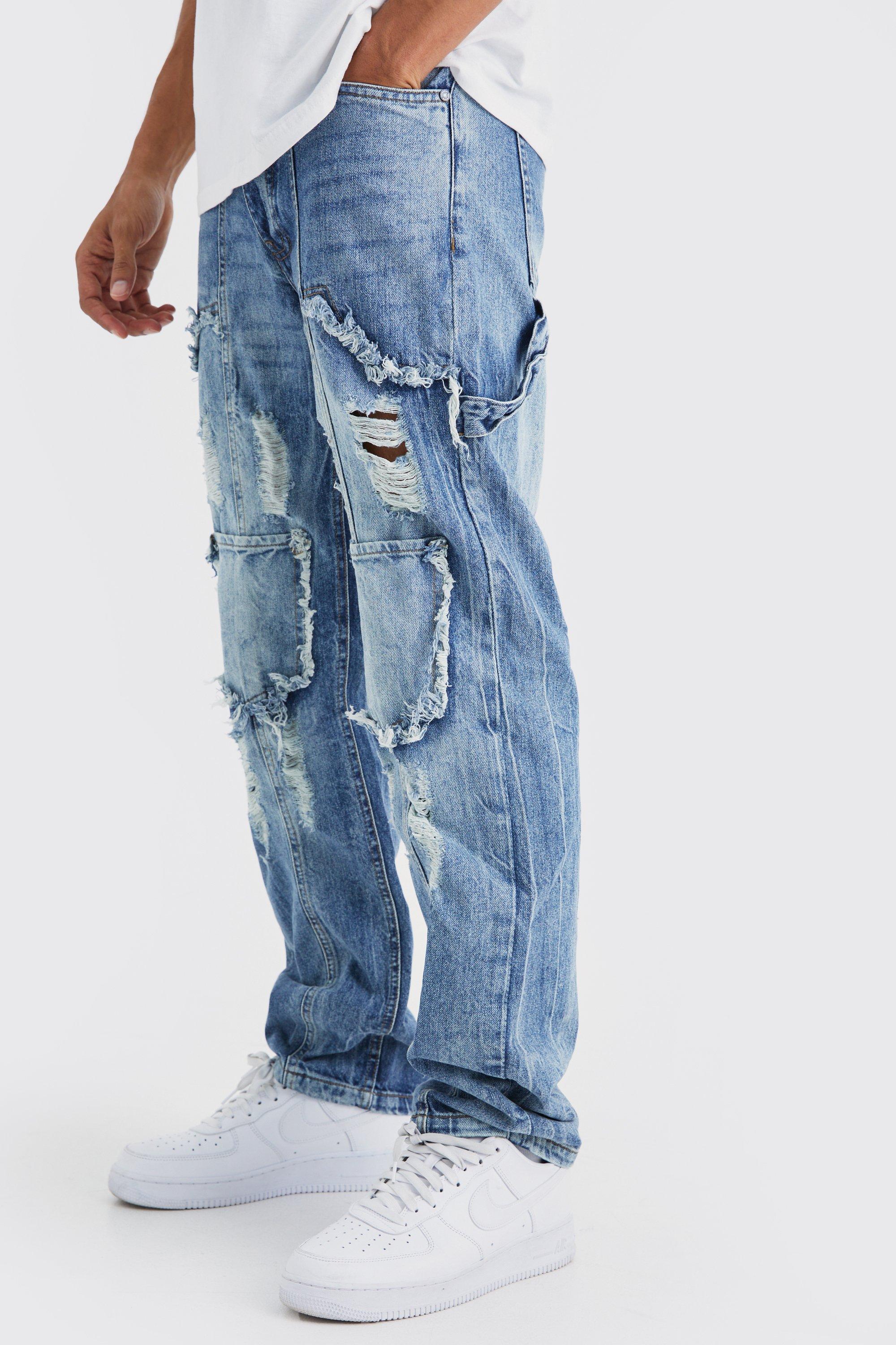 Mens Blue Relaxed Rigid Ripped Carpenter Cargo Jean, Blue