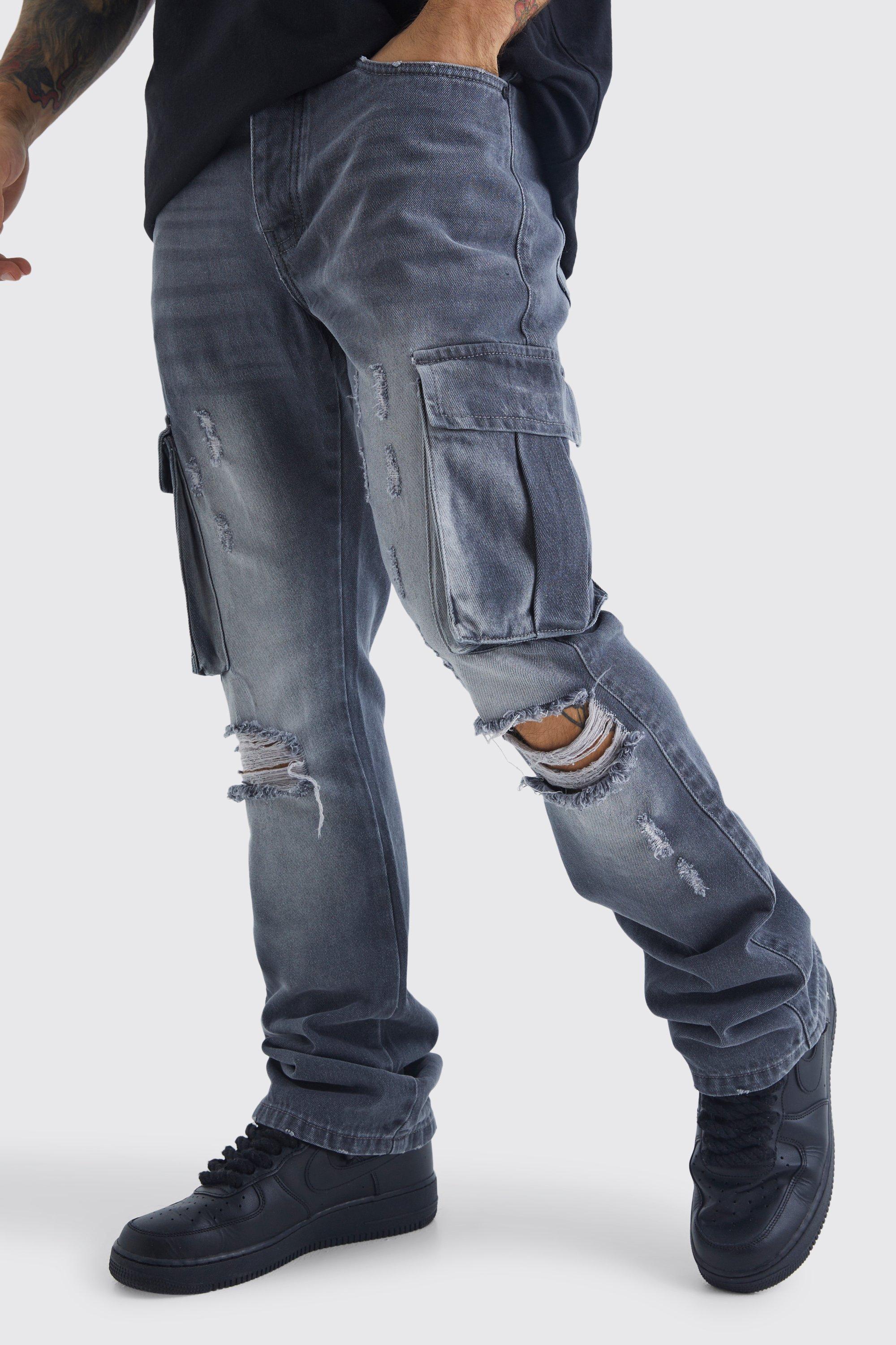 Mens Mid Grey Slim Flare Rigid Ripped Cargo Pocket Jean