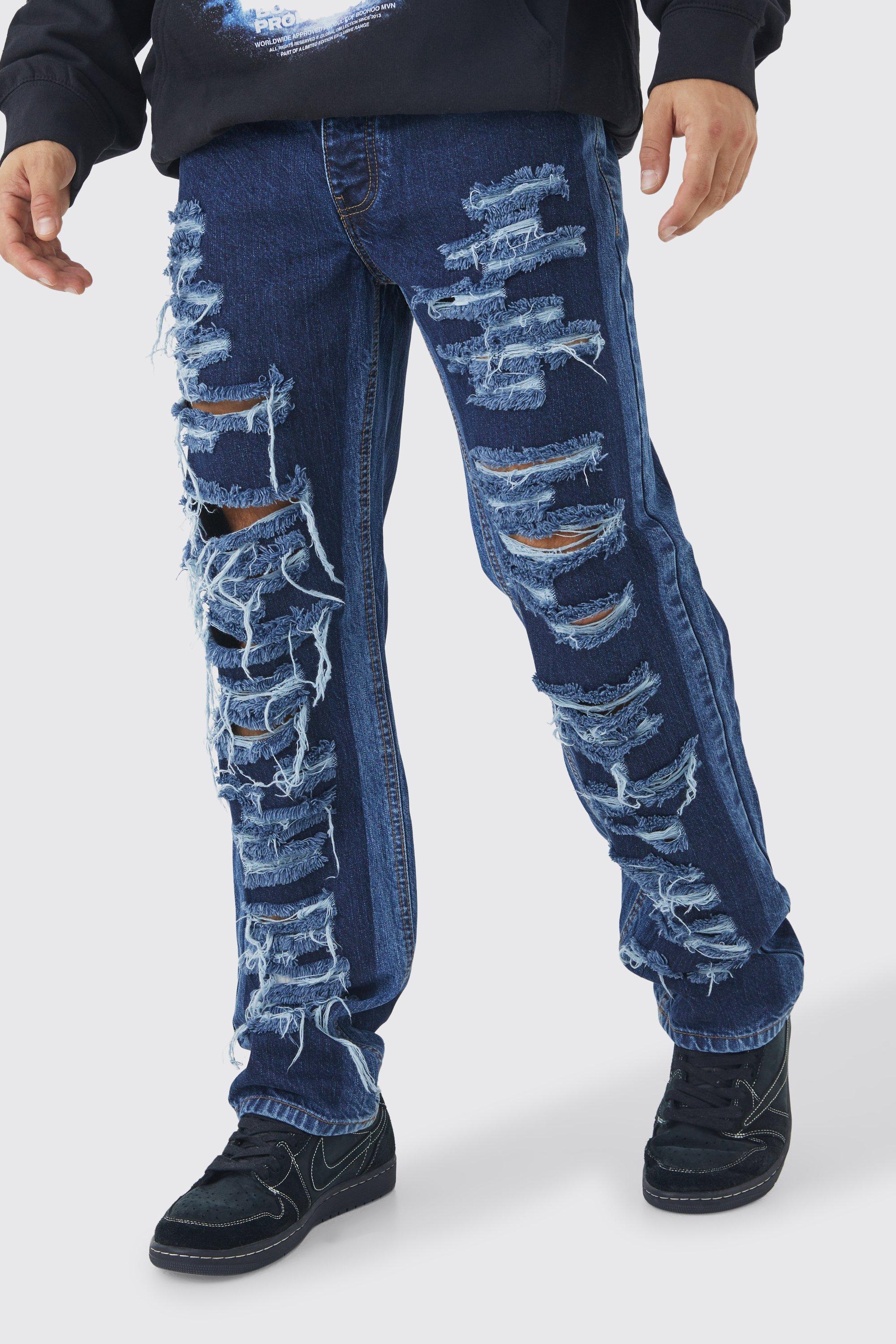 Image of Jeans rilassati in denim rigido con strappi e pannelli, Azzurro