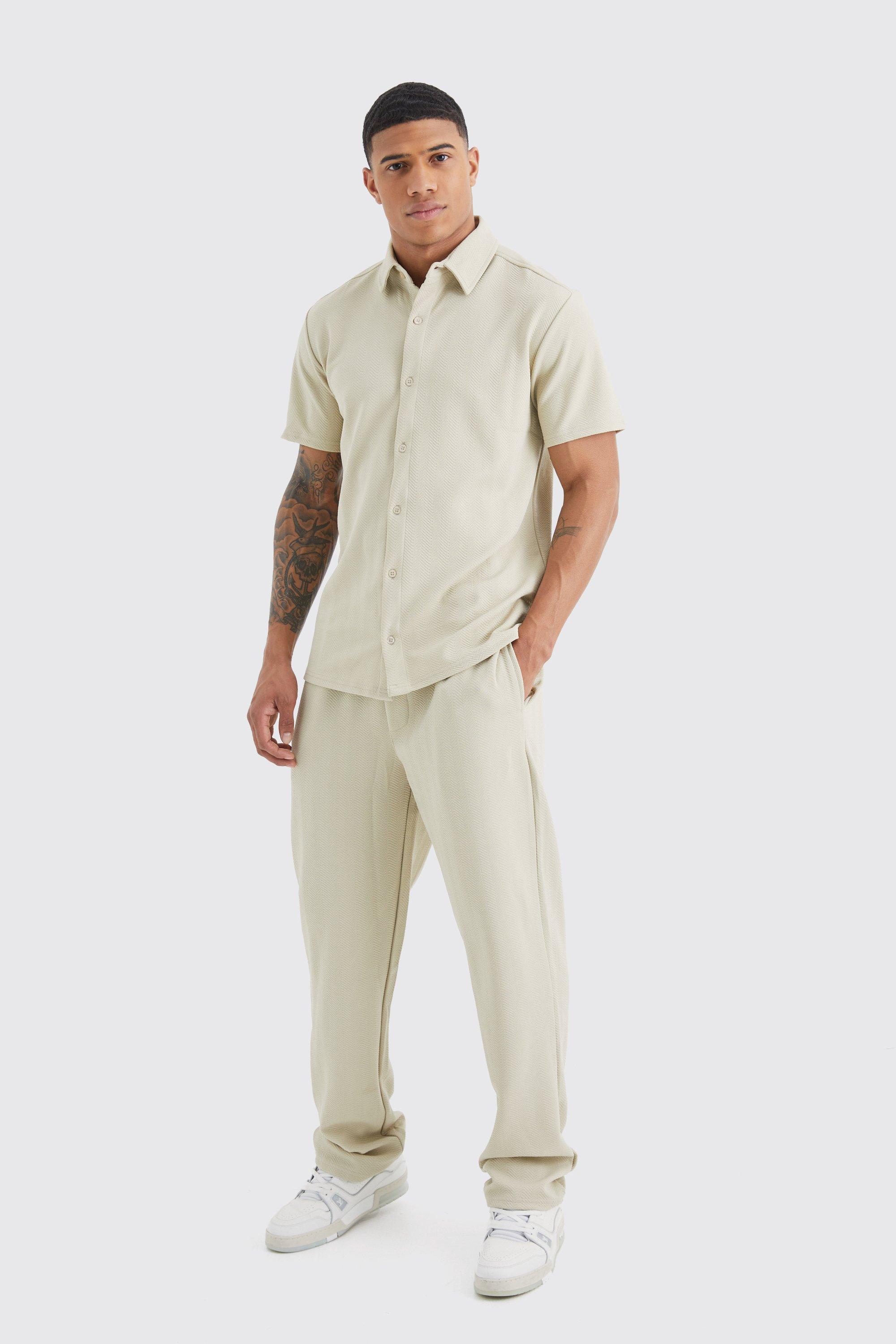 Mens Beige Short Sleeve Jersey Herringbone Shirt And Trouser Set, Beige