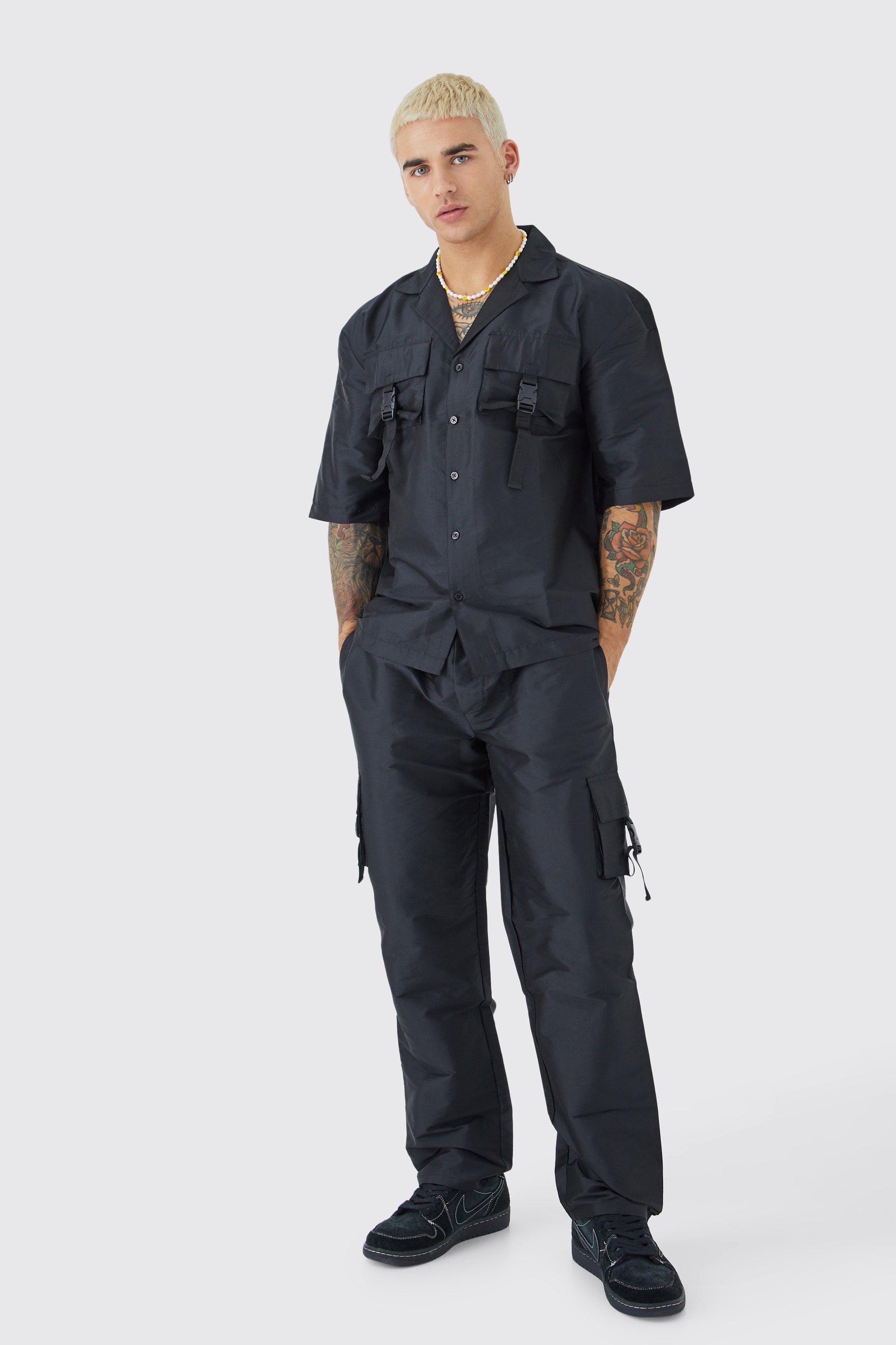 Image of Set camicia a maniche corte stile Utility con rever & pantaloni Cargo, Nero