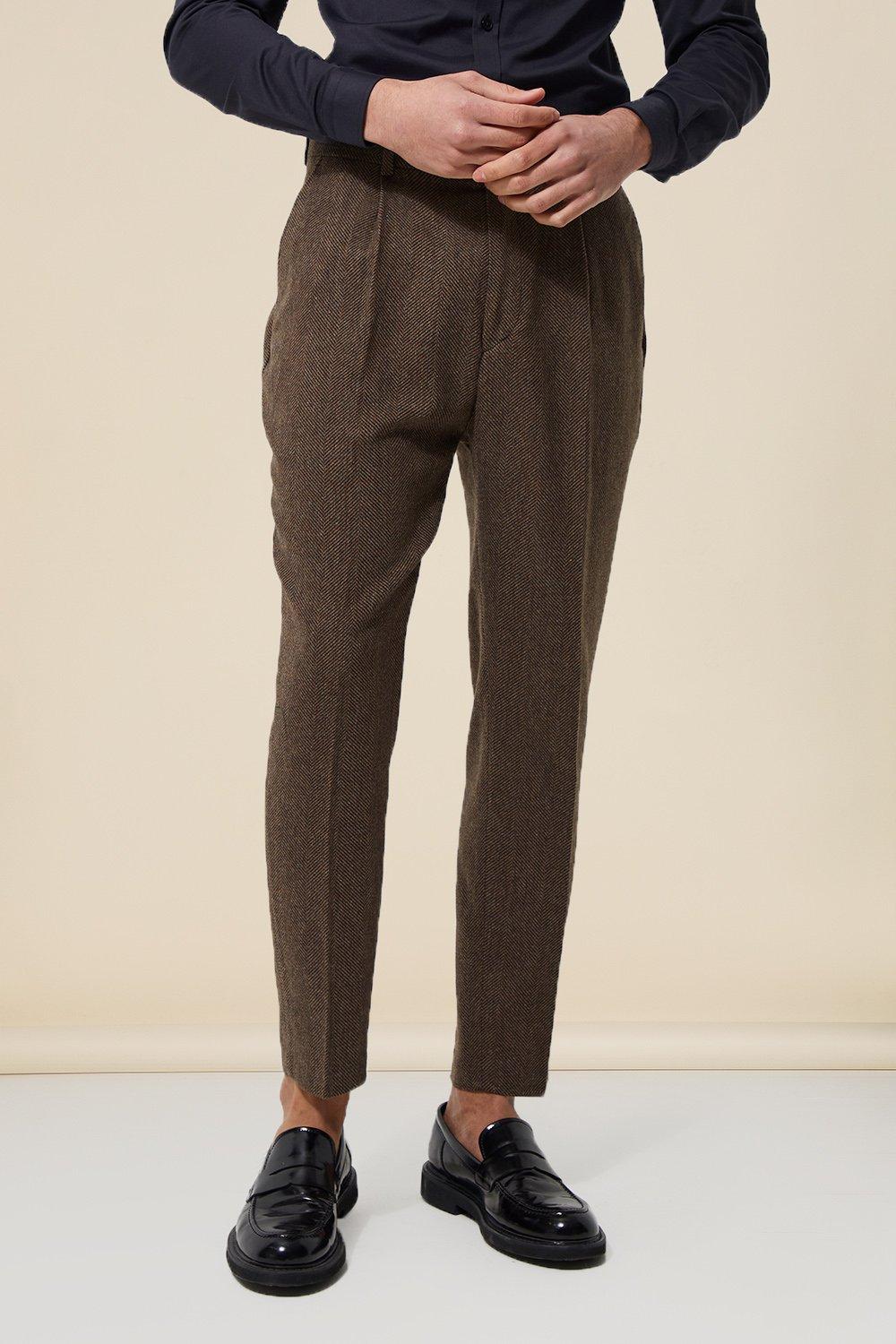 Mens Brown Tapered Fit Herringbone Suit Trousers, Brown
