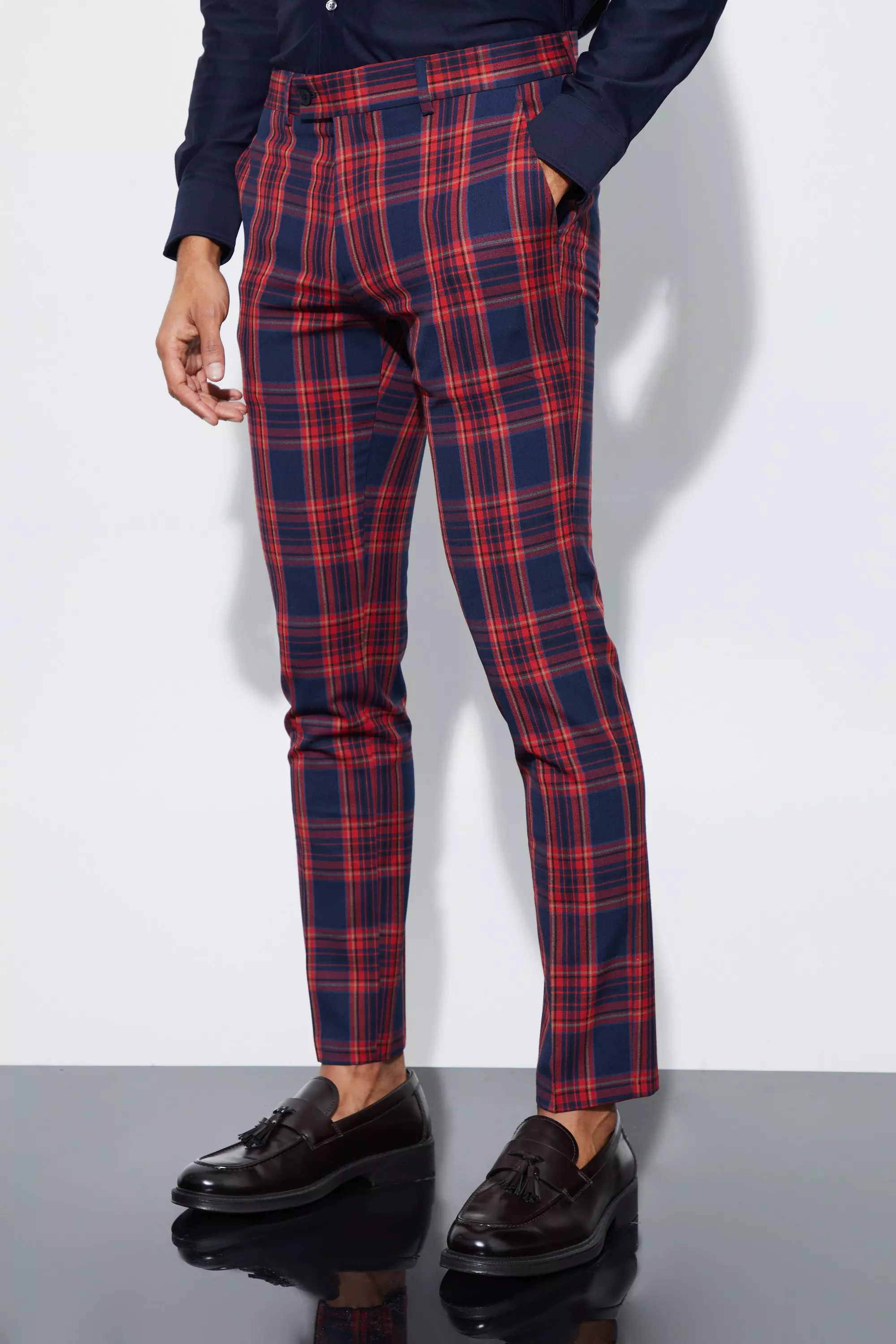 Mens tartan skinny store trousers