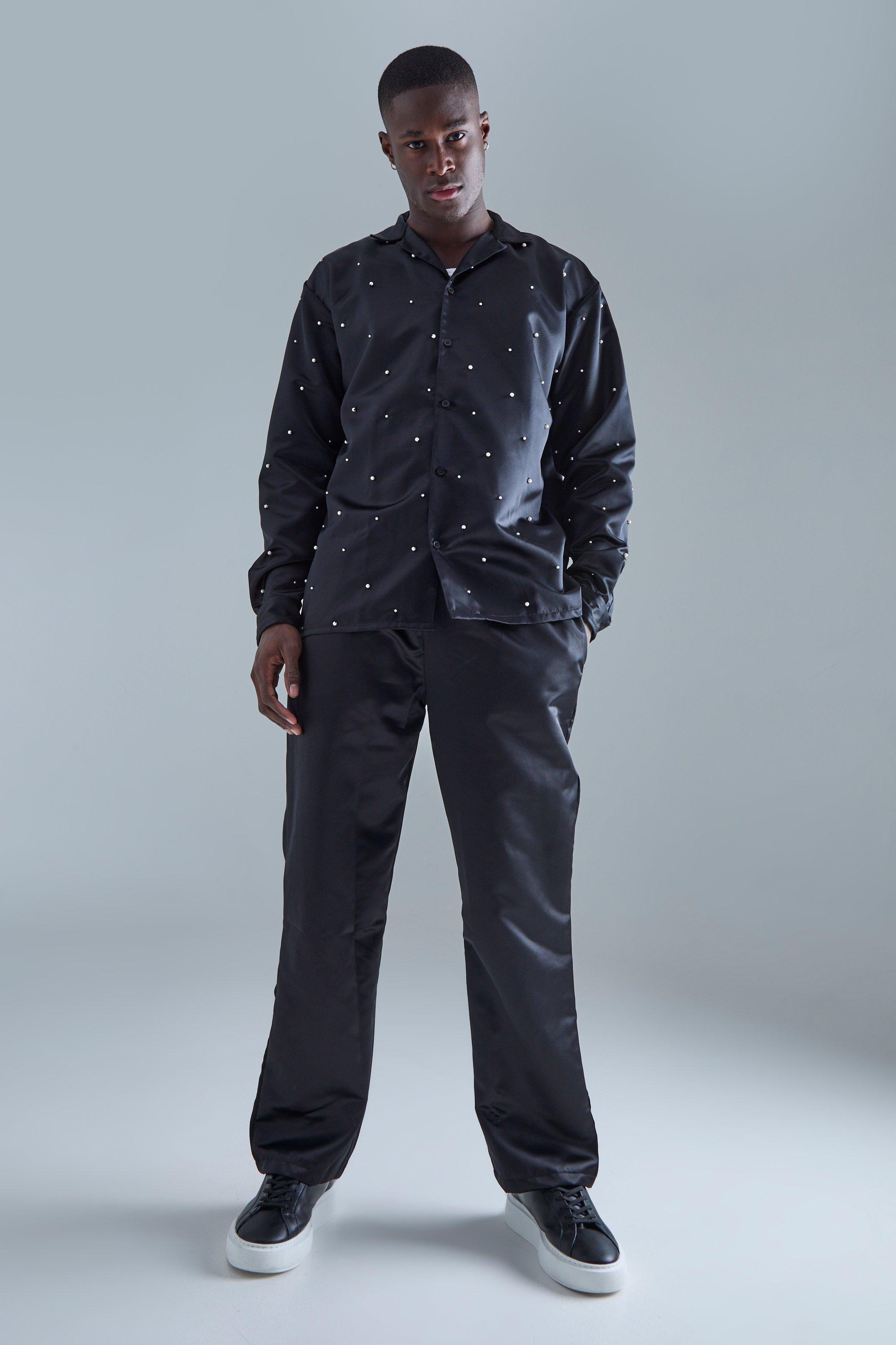 Image of Set camicia a maniche lunghe in raso decorato & pantaloni, Nero