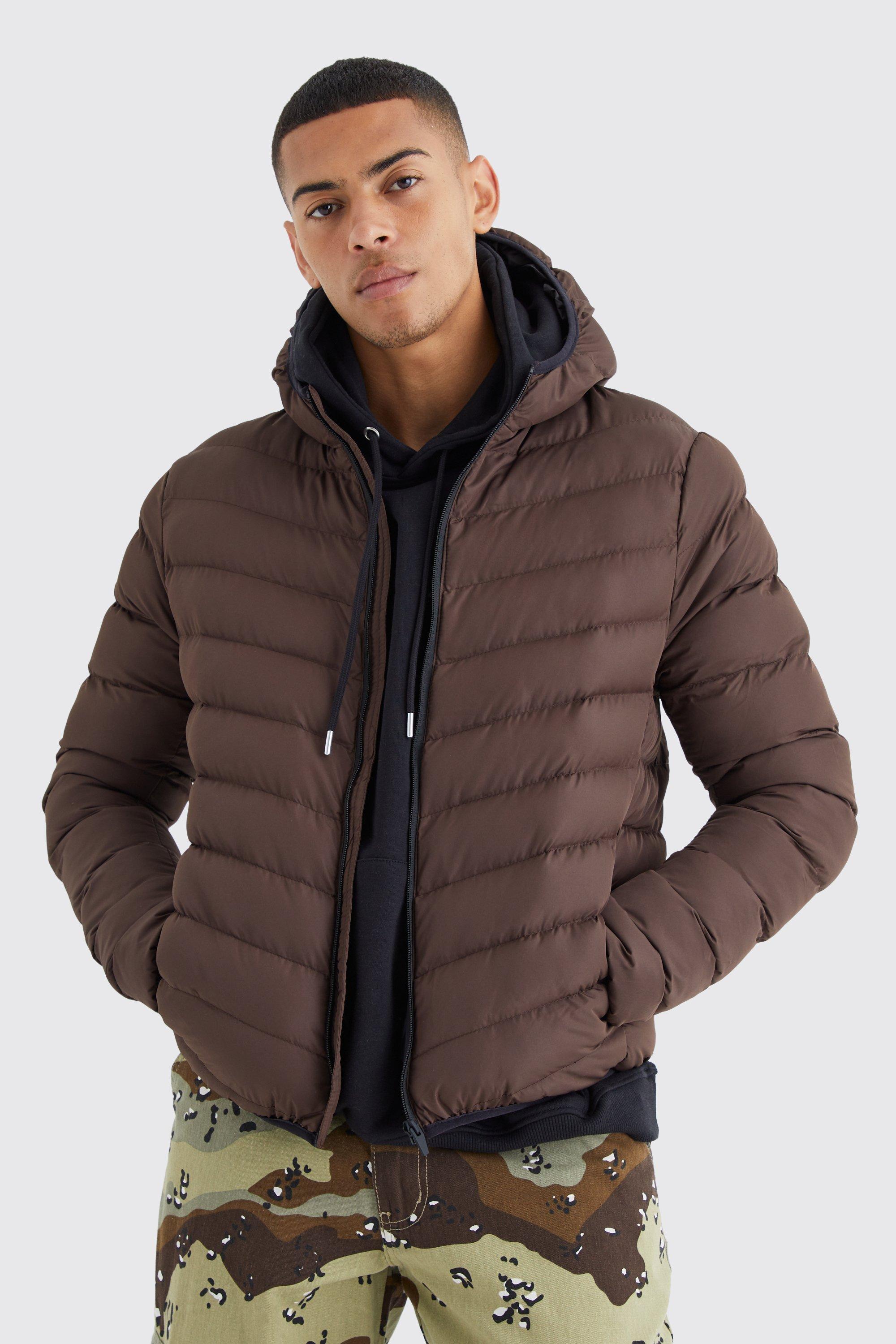 Mens Brown Quilted Zip Through Puffer With Hood, Brown