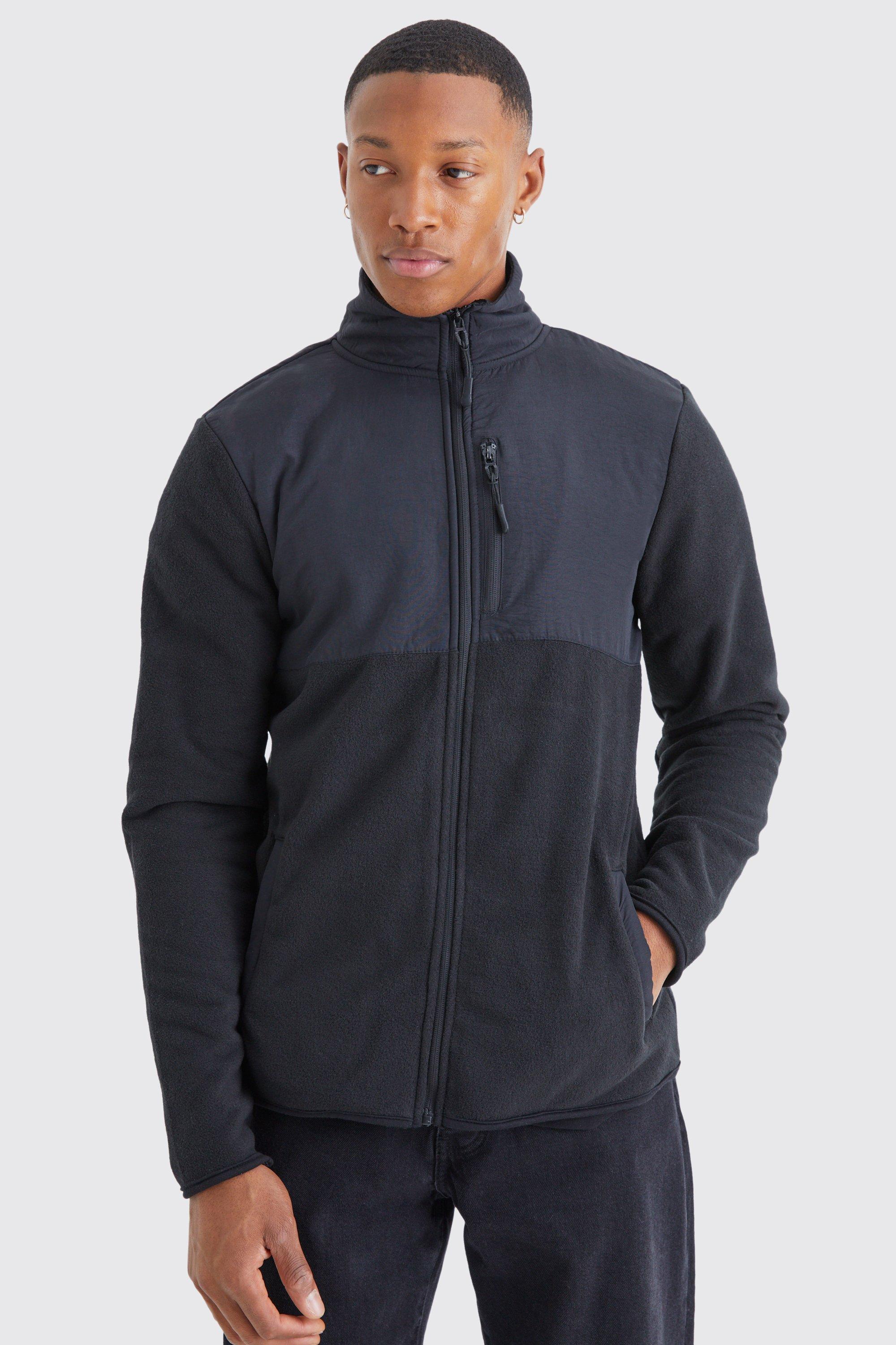 Mens Black Funnel Neck Contrast Borg Jacket, Black