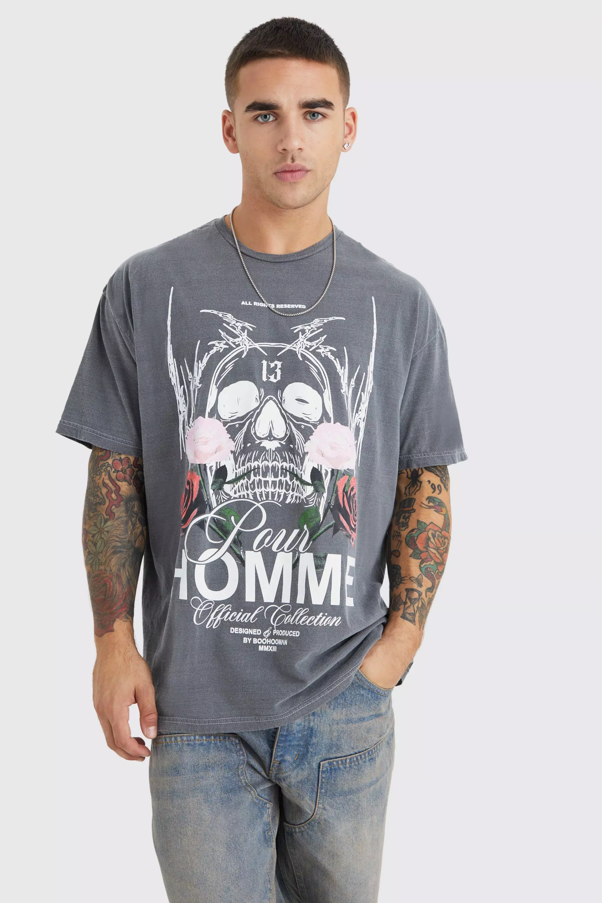 Oversized Homme Skull Wash Graphic T shirt