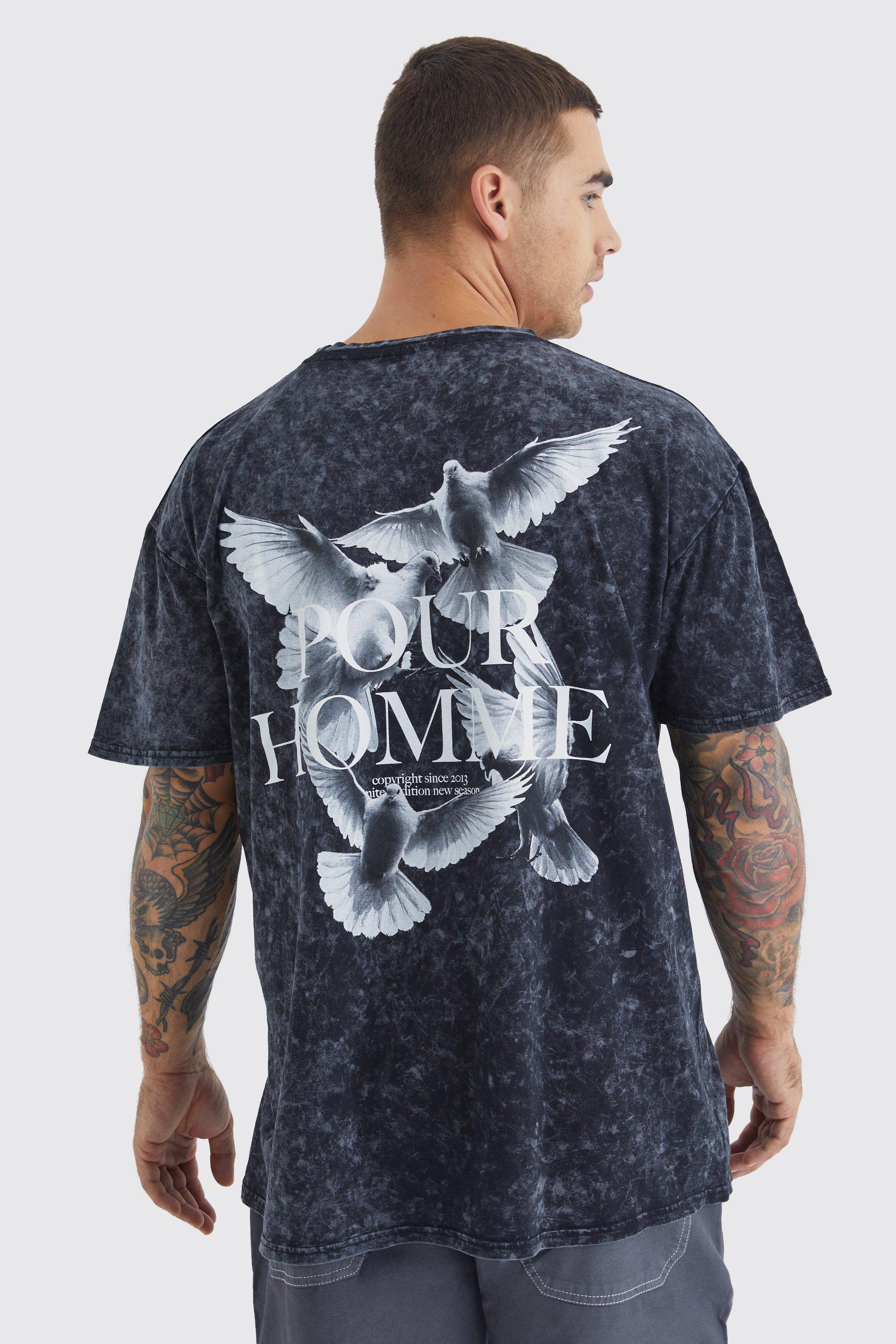 Mens Black Oversized Dove Acid Wash Graphic T-shirt, Black
